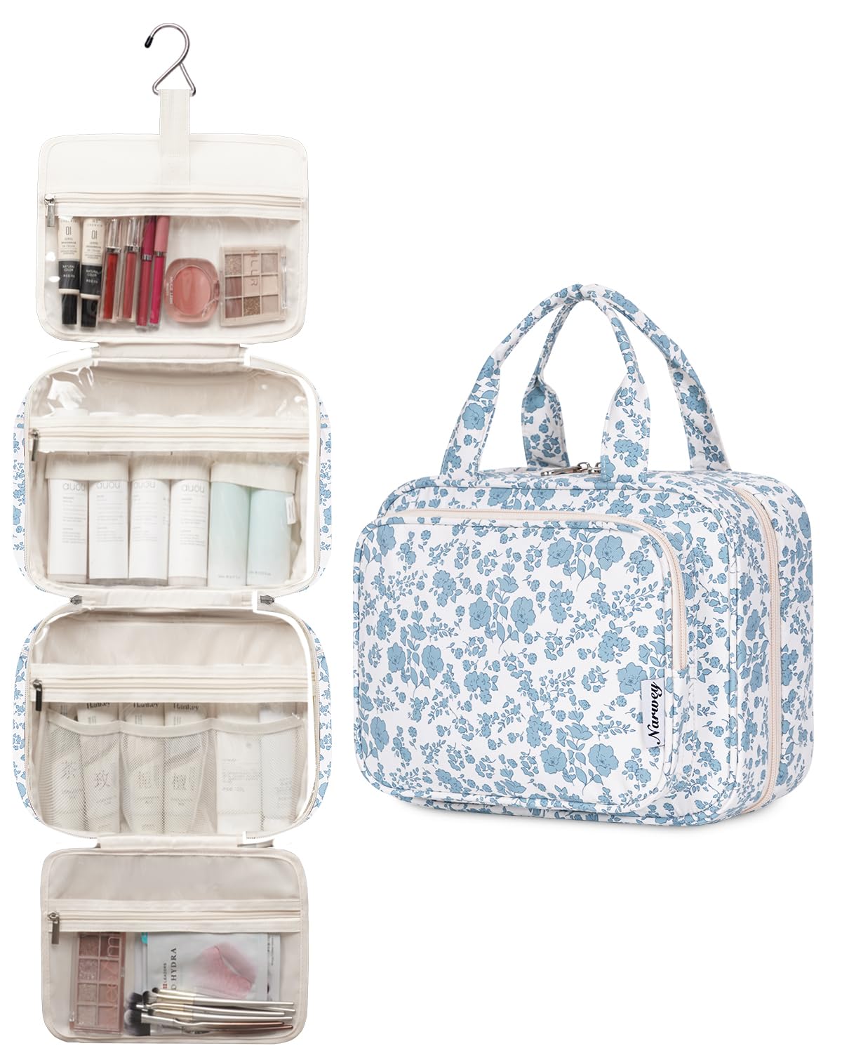 Narwey Travel Toiletry Bag for Women Large Hanging Makeup Bag Organizer Toiletries Bag for Full Size Essentials Accessories Cosmetics (Blue Flower (Large))