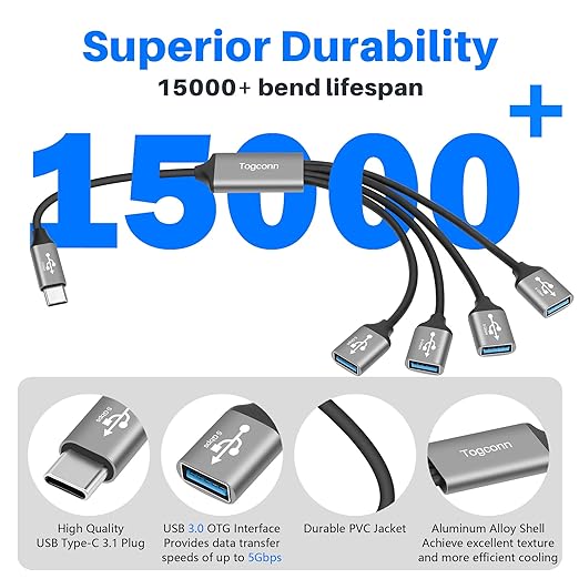 USB C 3.1 Splitter 1-in-4 Out Y-Adapter Cable 1 Feet, 5Gbps USB Type-C 3.1 Male to 4 Four USB-A 3.0 5Gbps Female Multi-Port Extender Connector Hub, Data Charger Power Splitter for iPhone 17/16 Series