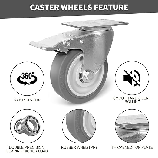 4 Inch Caster Wheels, Rubber Wheels Silent Castor- Set of 4 Heavy Duty Caster Wheels with Brake 1600Lbs, Industrial Plate Casters Wheels for Cart Furniture Workbench (2 Brake & 2 Rigid)