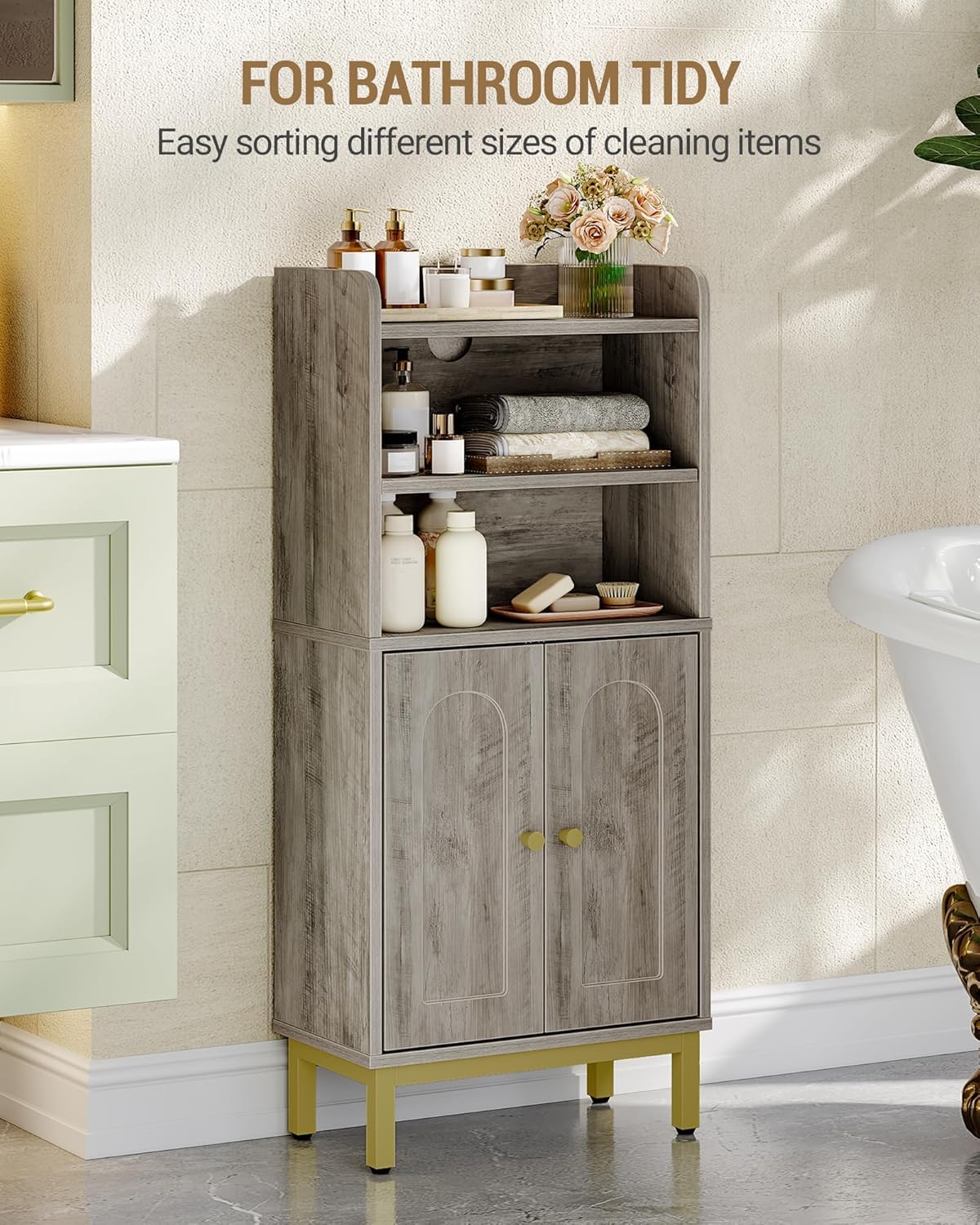 Hzuaneri Bathroom Storage Cabinet, Small Floor Cabinet with 2 Door and Shelves, Toilet Paper Cabinets, Bathroom Organizer with Adjustable Shelf, for Small Spaces Greige,Arch Door,7.1" Dx14.6 Wx32.7 H