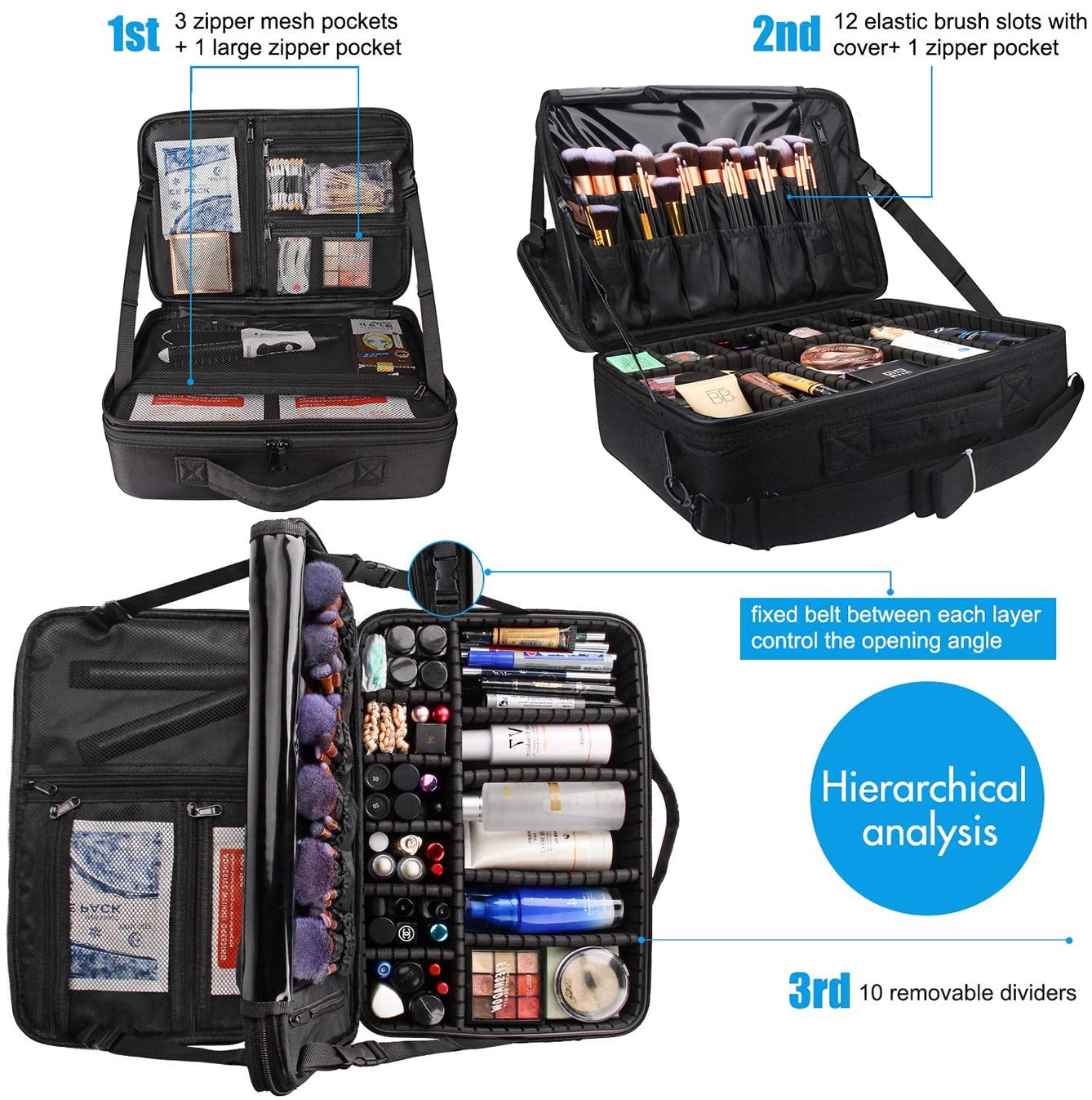 MONSTINA Large Makeup Case, 3 Layers Makeup Bag Cosmetic Organizer Brush Bag Barber Train Case Makeup Artist Box for Hair Curler Hair Straightener Brush Set and Cosmetics