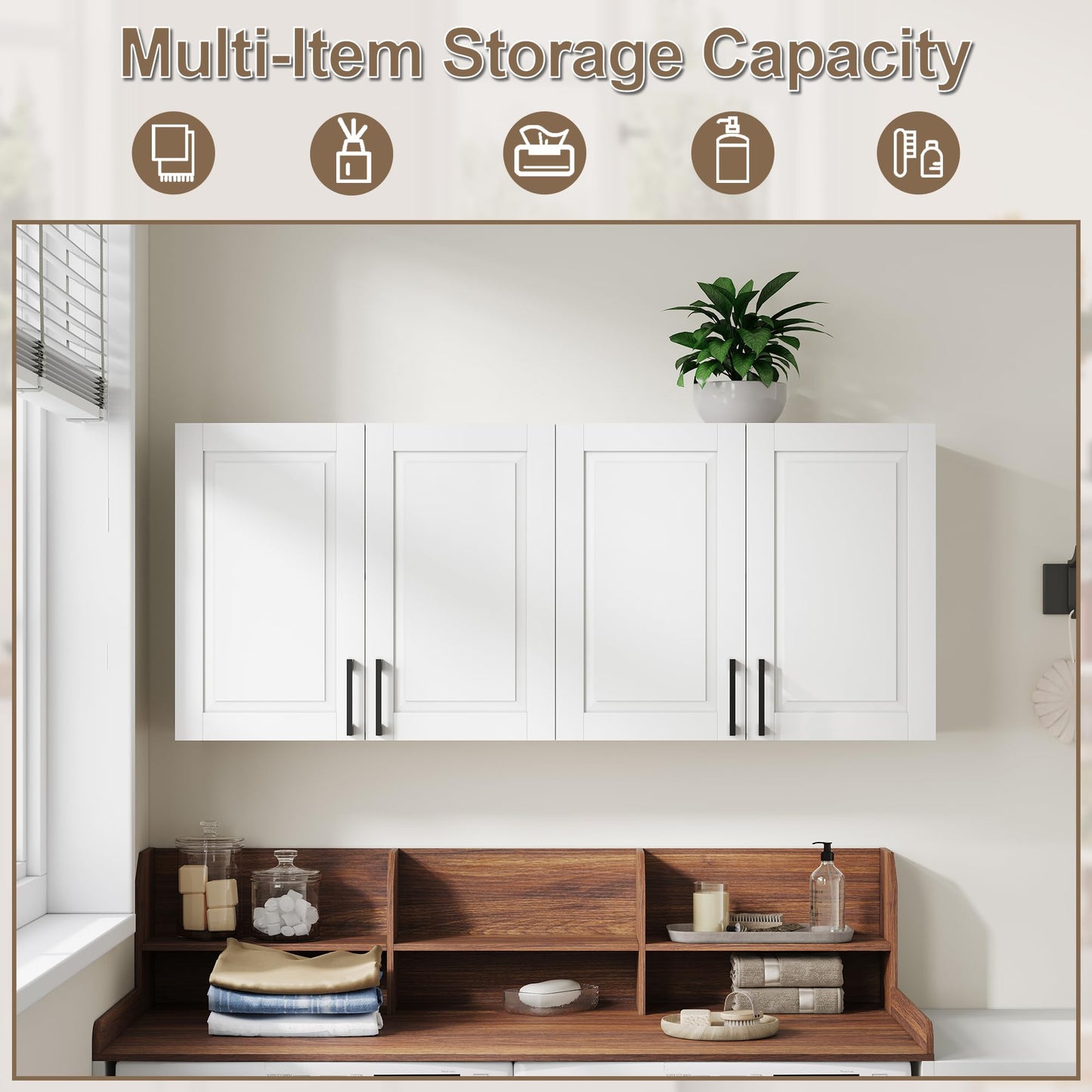 ChooChoo Laundry Room Cabinets, 3 Doors Wall Mounted Storage Cabinet, Kitchen Wall Storage, Bathroom Wall Cabinet, White