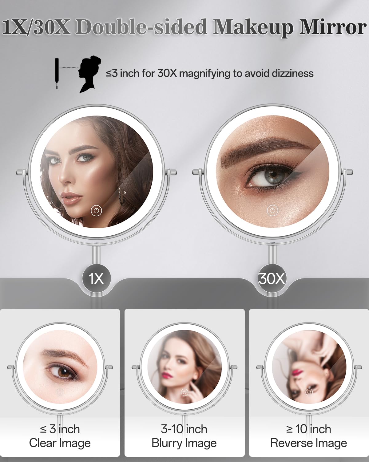 vpu Makeup Mirror with Lights, 1X/30X Lighted Magnifying Mirror Height Adjustable, 3000mAh Rechargeable Double Sided Vanity Mirrors with 3 LED Lighting and Adjustable Brightness for Desk Women Gift