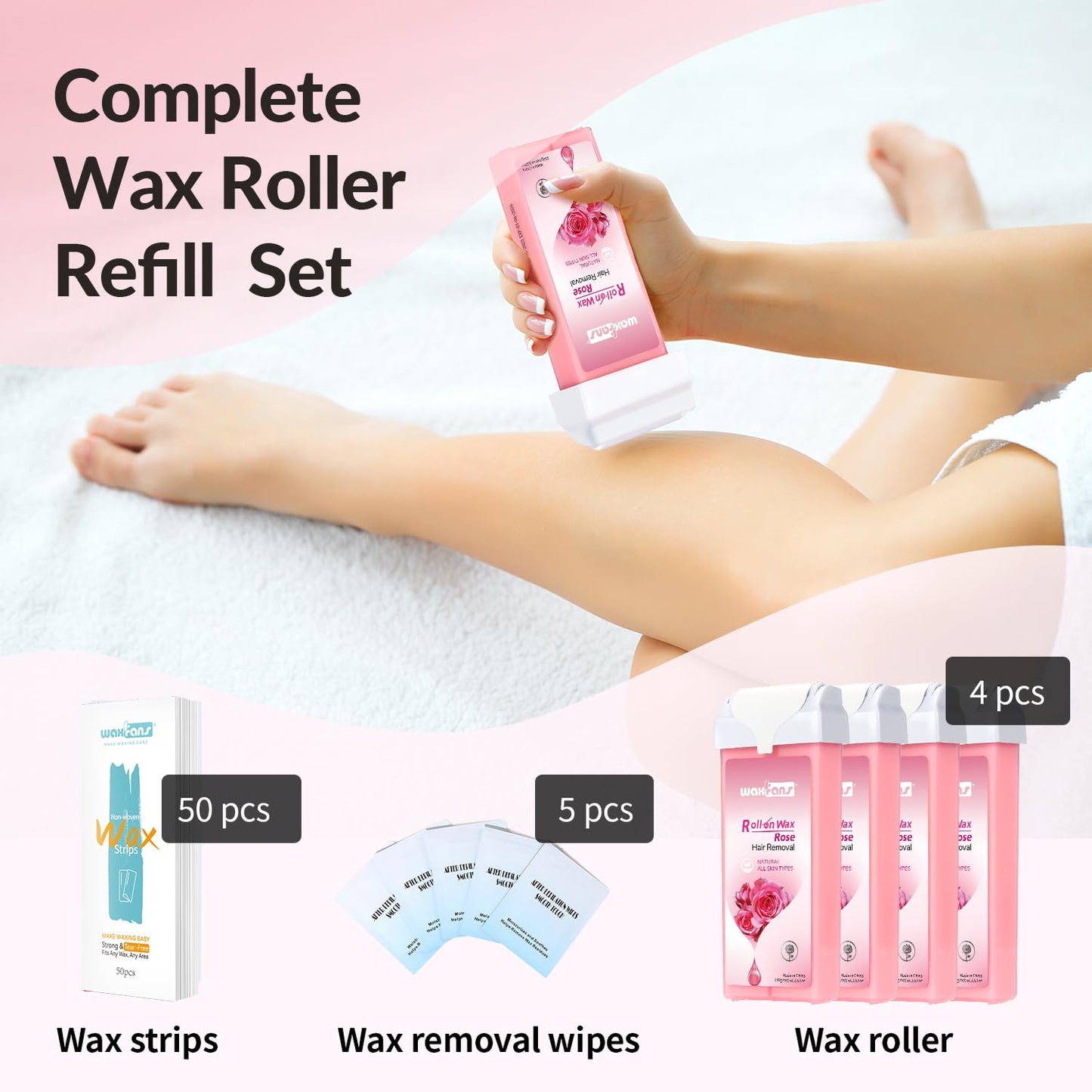 Waxfans Roll On Wax Refill,Waxing Roller Refill for Hair Removal,100% Natural,Quick Melting - For Coarse and Fine Hairs.with 3.53 Ounce(Pack of 4) Honey Wax Rollers, 50 Strips (Pink)