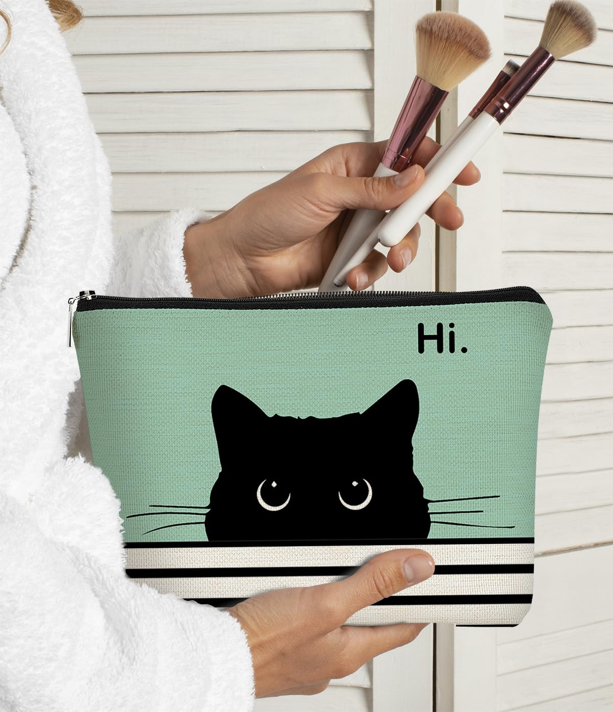 BARPERY Cute Makeup Bag - Cat Gifts for Lovers, Black Kitty Cosmetic Bag, Makeup Pouch (Teal)