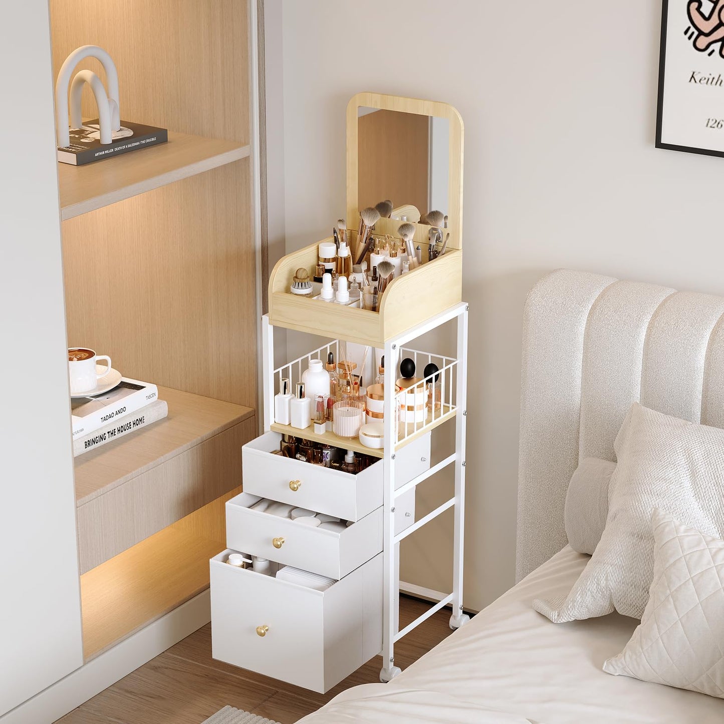 ZQUYAJ Makeup Organizer Cart with Vanity Mirror, Floor Skincare Organizers Make Up Organizers-Vanity Organizer Cosmetic Display Cases Holder for Skin Care Perfume Nail Polish Brush Hair Tool (White)