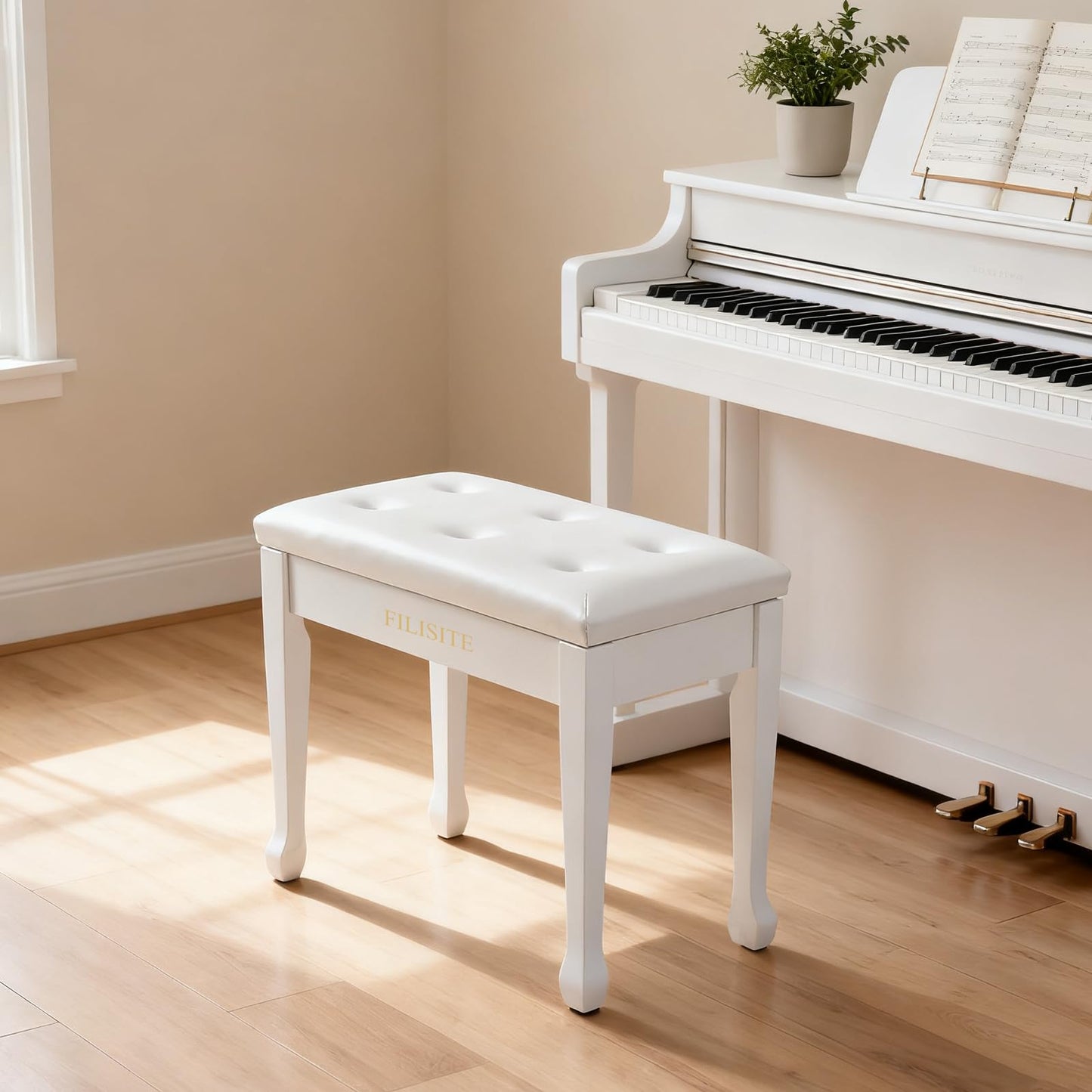 FILISITE Wooden Piano Bench with Storage, Piano Stool with Waterproof Padded Cushion, Bench Seat for Vanity, Living Room, Bedroom (White)