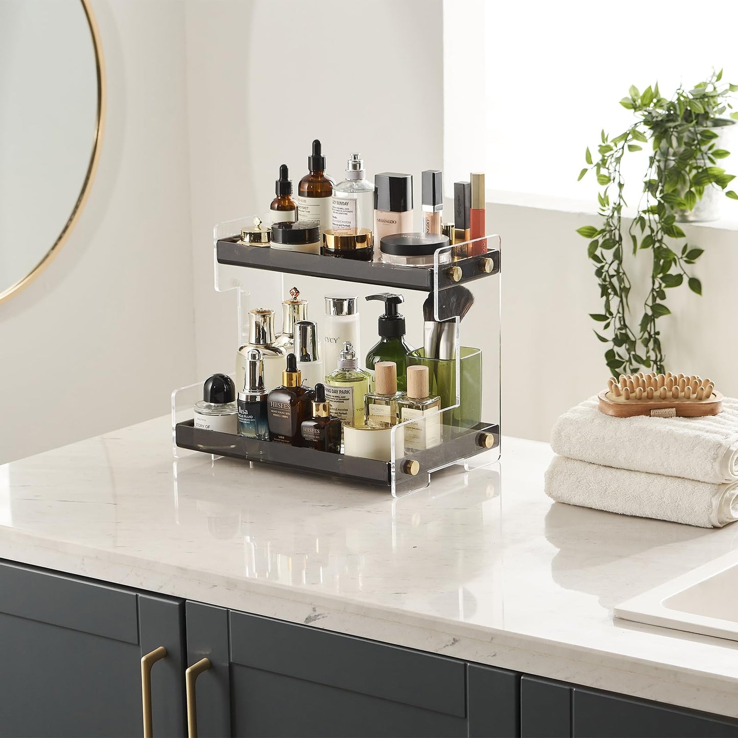 SHUNLI Acrylic Bathroom Countertop Organizer, 2 Tier Counter Organizer Storage Shelf, Bathroom Organizer Cosmetic Holder (Black&Clear)