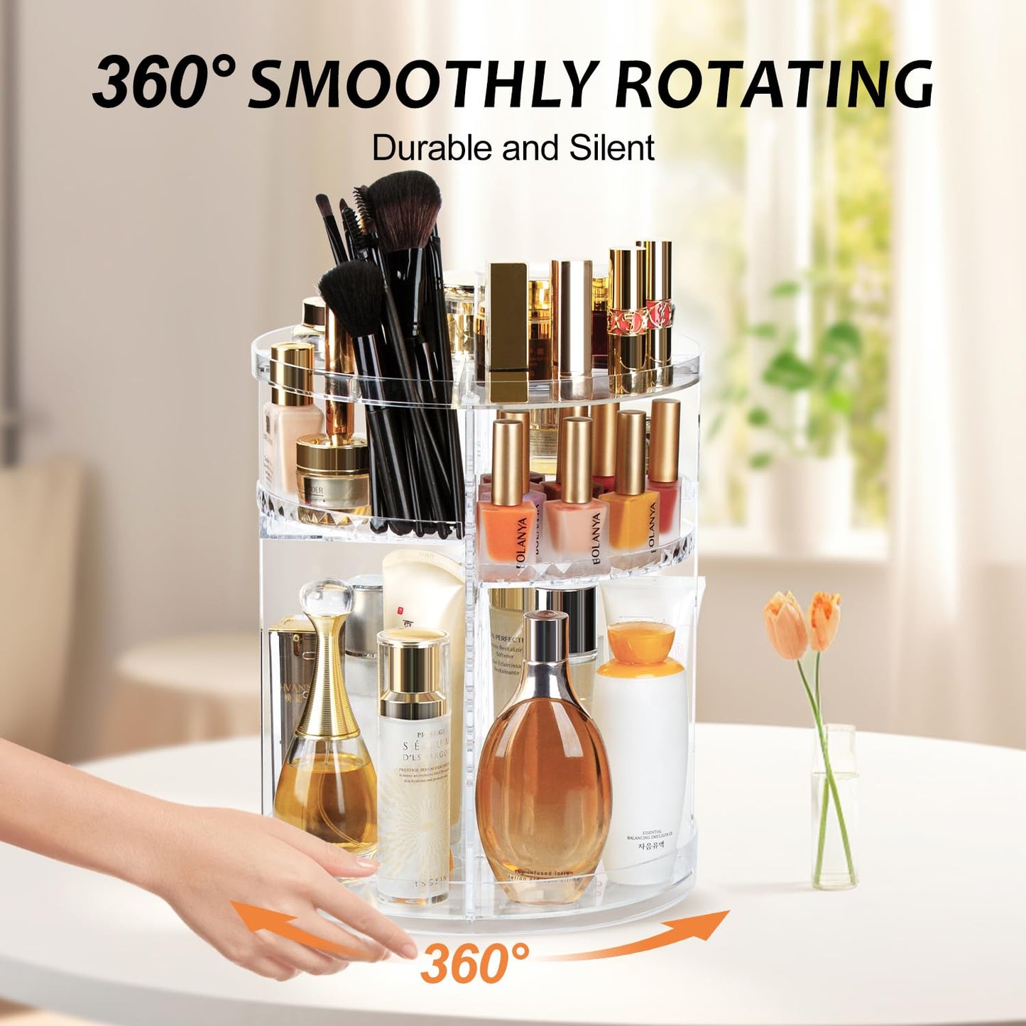 AMEITECH Rotating Makeup Organizer, 360 Spinning Skincare Organizers, 8 Adjustable Layer Cosmetic Storage Case with Brush Holder Perfume Tray for Vanity Bathroom Countertop - Large