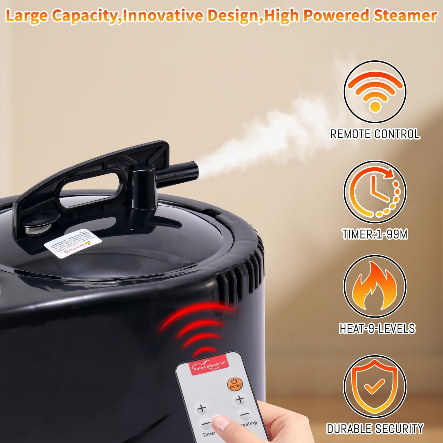 Sonaricus Portable Sauna Steamer 3L - 1200W Fast Heating Steam Generator with Remote Control, 9 Levels, 99-Min Timer, Stainless Steel Pot for Home Sauna Tent, Aromatherapy Box Included