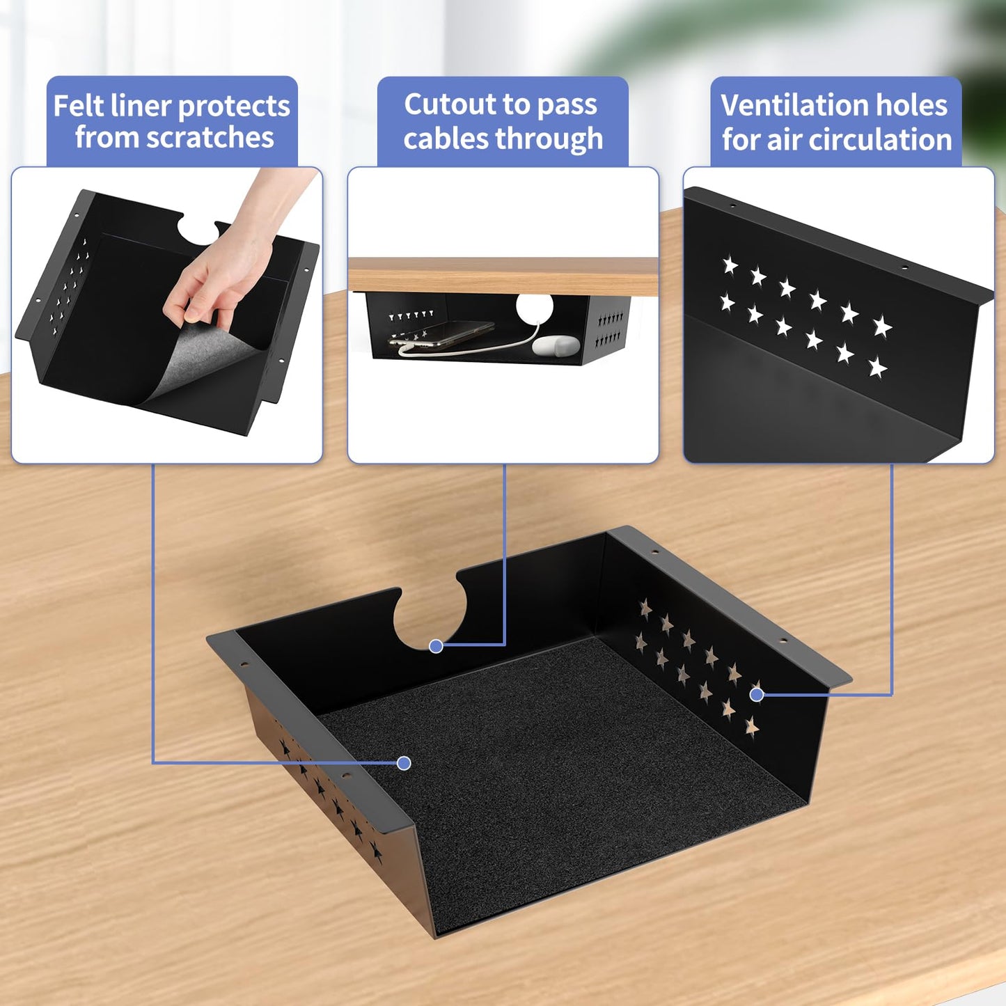 MOLIGOU Under Desk Storage Shelf, Under Desk Tray with Felt Liner, Screw Mount Under Table Hidden Storage for Home Office, Kitchen Cabinet (9" x 9" x 2.9")