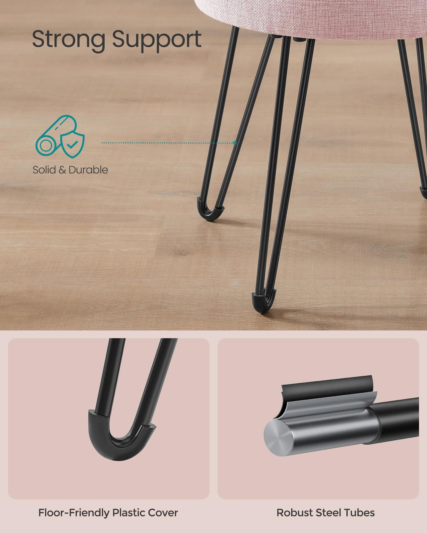 SONGMICS Vanity Stool Chair, Small Ottoman Stool with Storage, Vanity Chair, 15.4 Dia. x 17.4 Inches, 4 Metal Legs, for Makeup Room, for Living Room, Bedroom, Jelly Pink ULOM002R01