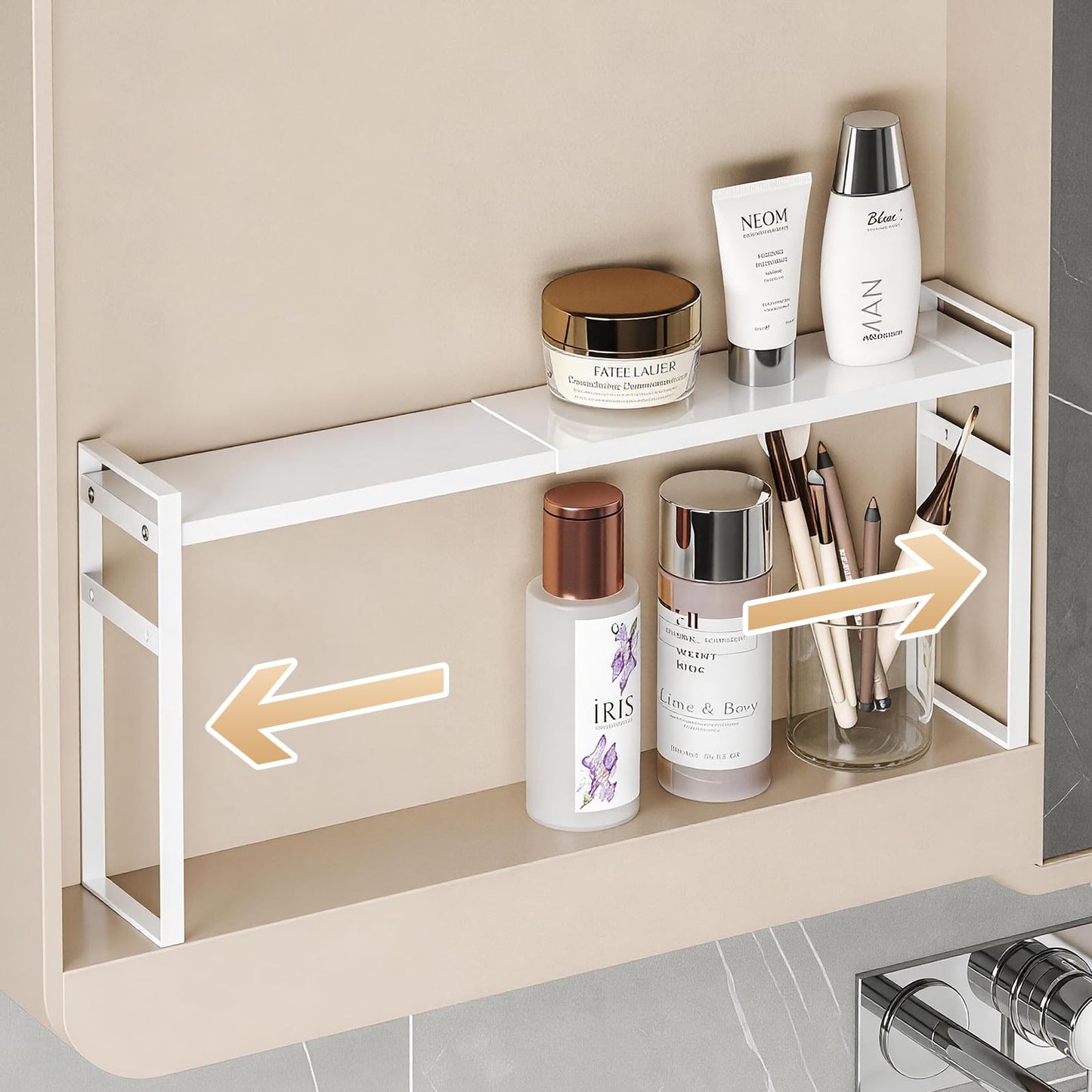 Expandable Medicine Cabinet Organizer, White Heavy-Duty Metal Adjustable Shelf Trays for Bathroom, Kitchen, Narrow Spaces, Space-Saving Storage Solution for Mirror Cabinets, Vanities, and Countertops