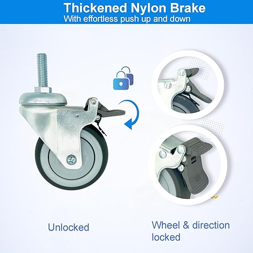 4 inch Swivel Caster Wheels Heavy Duty with Nylon Brake, 3/8"-16x1 Threaded Stem Casters Set of 4, TPR Rubber Wheels for Hospital, Lab, Furnitures,Restaurant