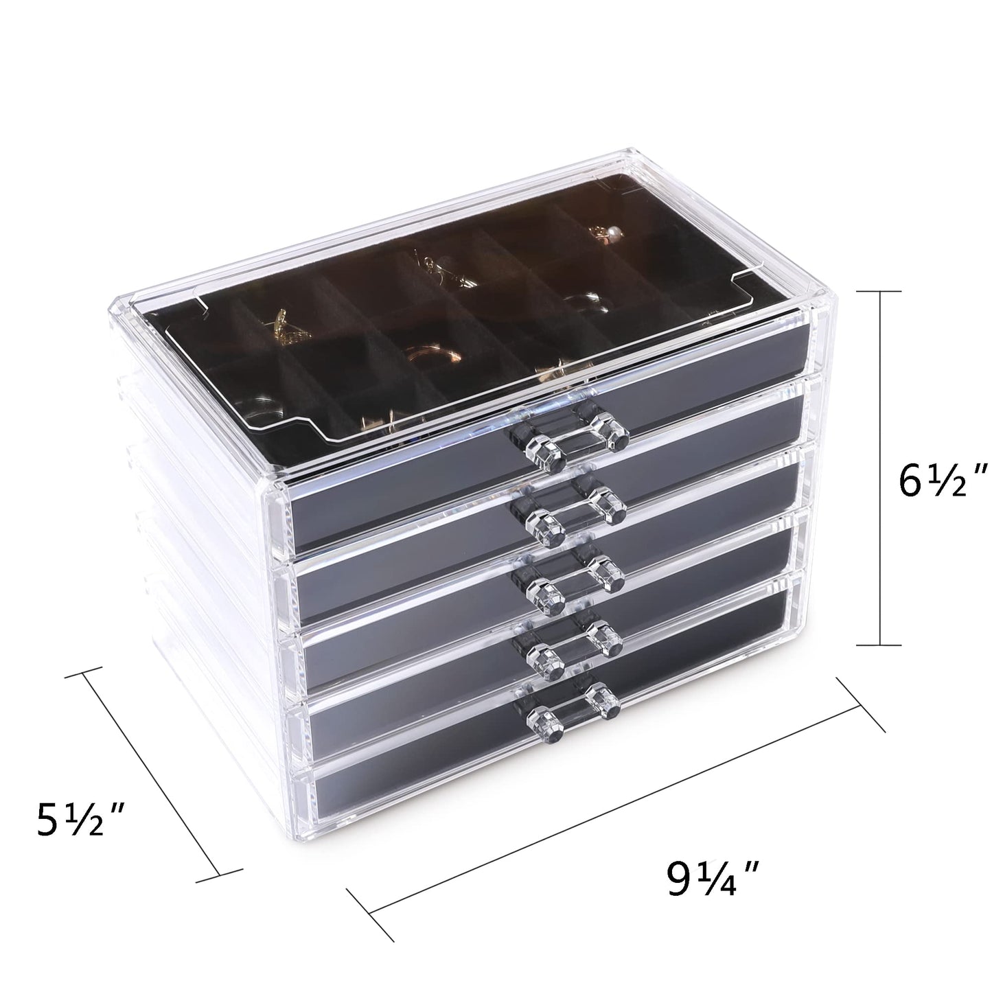 Frebeauty Acrylic Jewelry Organizer Earring Organizer Box with 5 Drawers Earring Holder Organizer with Velvet Trays Clear Jewelry Box for Women Earring Display for Rings Studs(Black)