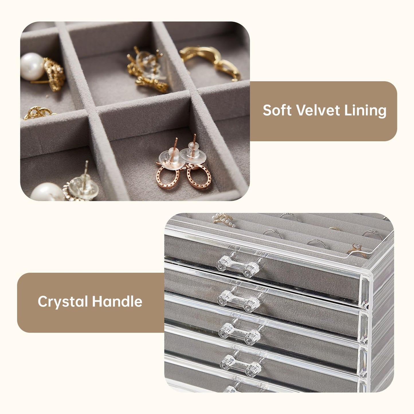 XRXYX Acrylic Jewelry Box with 5 Drawers, Clear Earring Holder Organizer Rings Display Case with Adjustable Velvet Trays for Women Girls, Grey