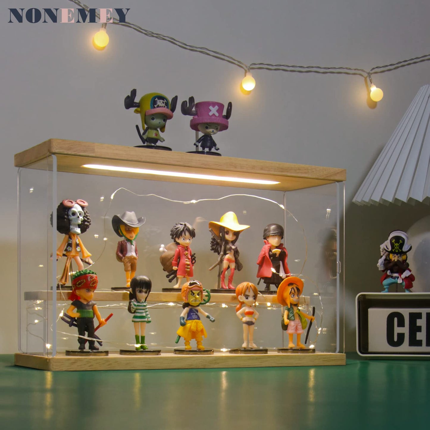 NONEMEY Acrylic Display Case with Light, Upgraded 3 Color Light & Adjustable Brightness Showcase , 2 Tier Dustproof Clear Toy Organizer Box for Action Figures, Collectibles, 12x4x7In