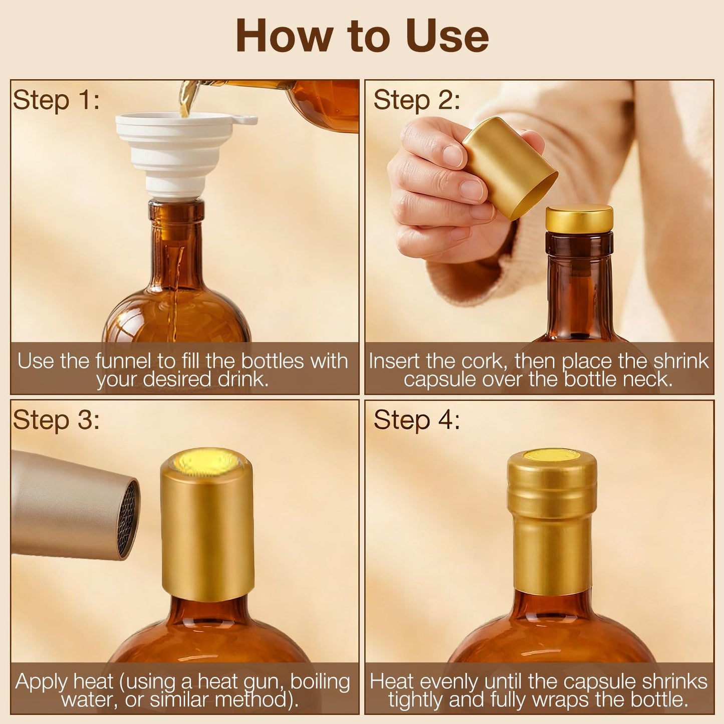 TBWIND 4 Pack 32oz Amber Glass Bottles with Airtight T-Top Corks, 1000ml Refillable Brewing Bottles for Kombucha, Mead, Wine, Syrups & Oils, Includes Funnels & Labels