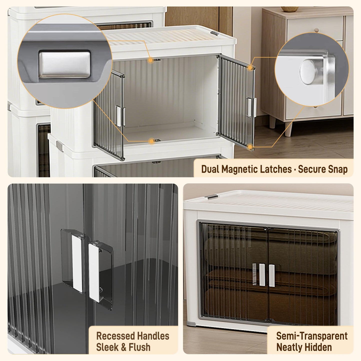 pupustar Folding Storage Bins with Lids, 4-Pack Top & Front Opening Stackable Organizer, Total 280qt, for Bedroom Living Room Kitchen Office Bathroom, White, 22"x13.6"x13.8" Each
