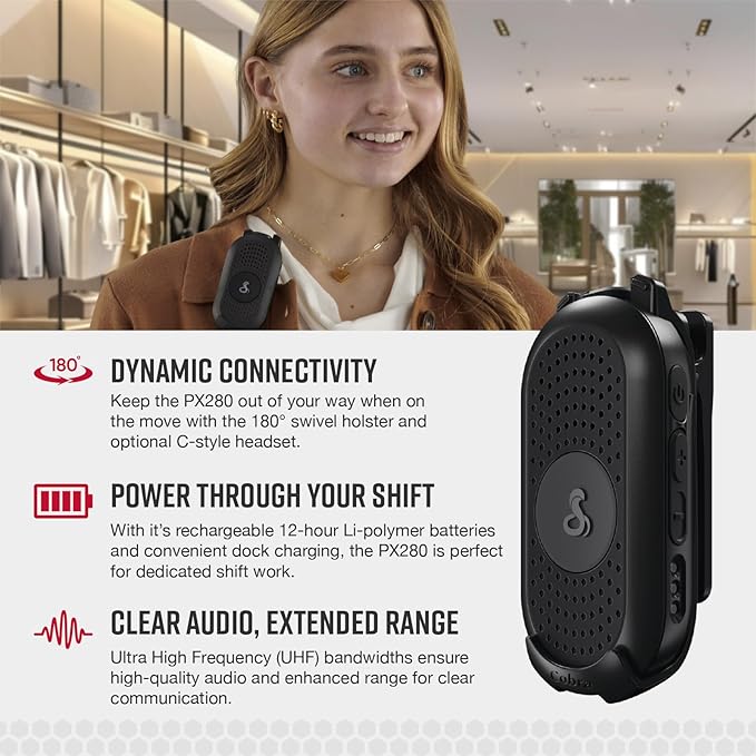 Cobra PX280 Compact Portable FRS Two-Way Radios - IP54 Certified Durability, Dock Charging, 12-Hour Battery Life, Compact Wearable Form Factor Professional Walkie Talkies for Business (2-Pack)