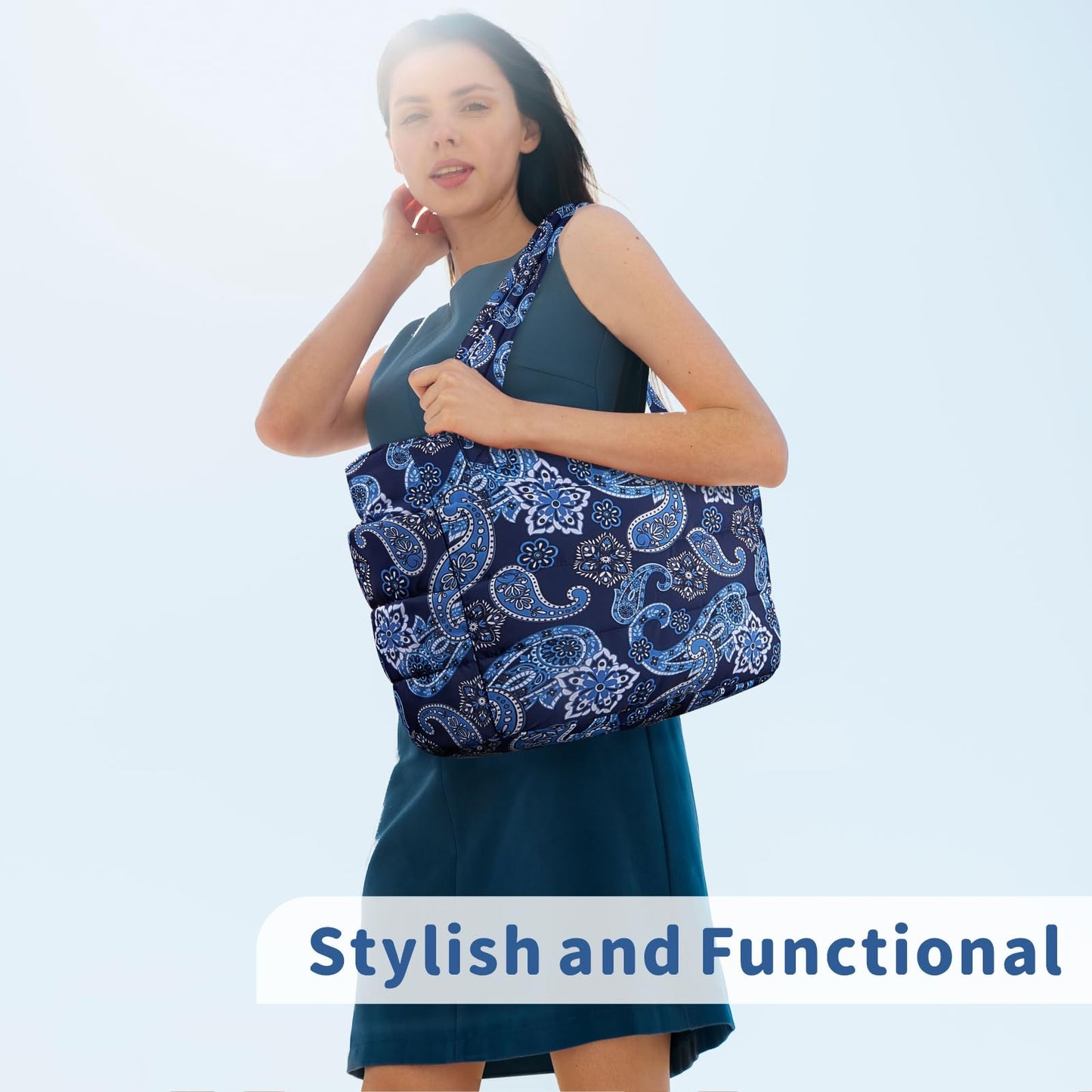 TOPDesign Puffer Tote Bag for Women, Lightweight Puffy Handbag with Compartments & Cosmetic Bag, Quilted Shoulder Bags for Work, Travel, Gym, Gifting (M Bandanna)