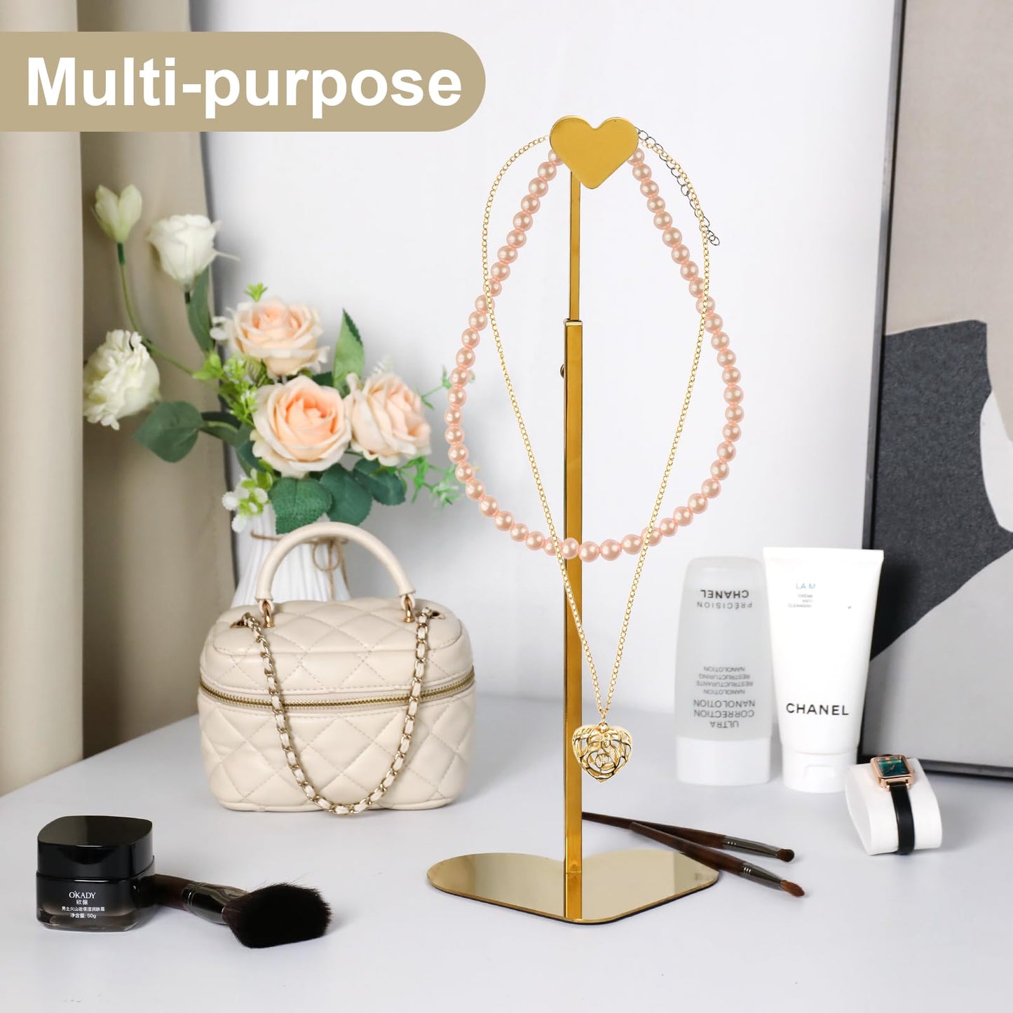 Purse Display Stand, 2 Pack Heart-shape Display Rack Stainless Steel Handbag Purse Holder Gold Hanging Hook Stands Adjustable Height Table Ornament Jewelry Towers for Home Store Boutique Counter