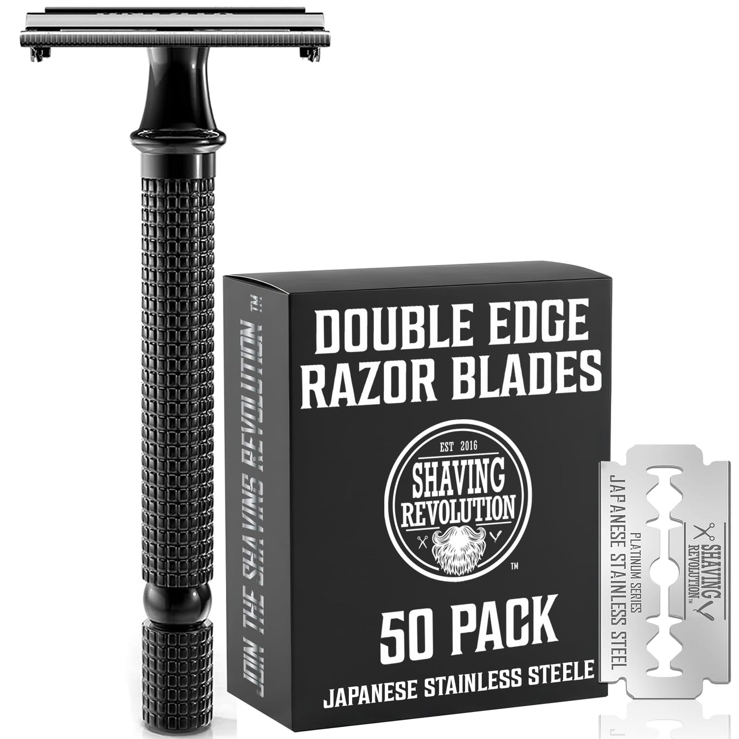 SHAVING REVOLUTION Black Long Handle Double Edge Safety Razor with 60 Platinum Japanese Stainless Steel Blades – Close, Smooth, and Precise Shave for Men, Easy Blade Replacement. With Cleaning Brush.