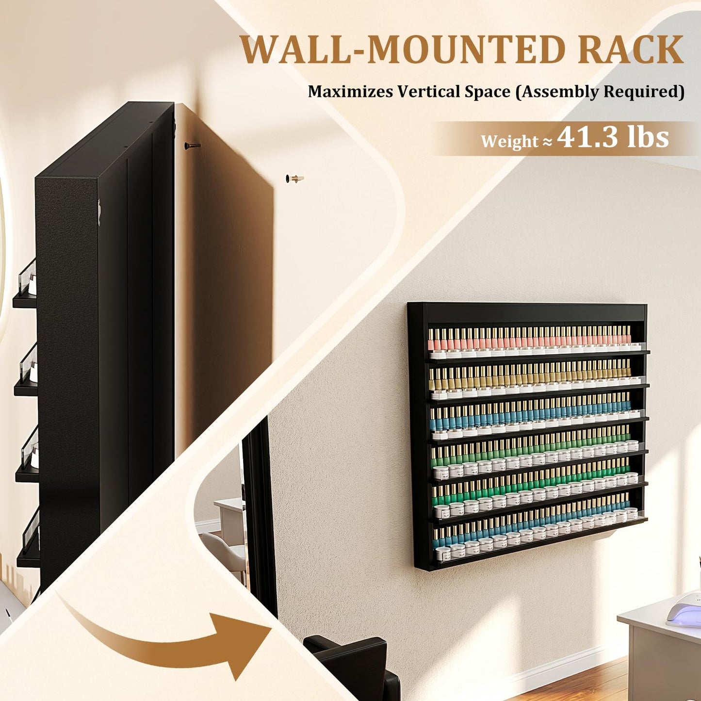 OmySalon Powder & Polish Rack - 6-Tier Double Nail Polish Organizer Wall-Mounted Salon Display Rack with Acrylic Barrier for Nail Salon Spa Home Beauty Studios (Black)