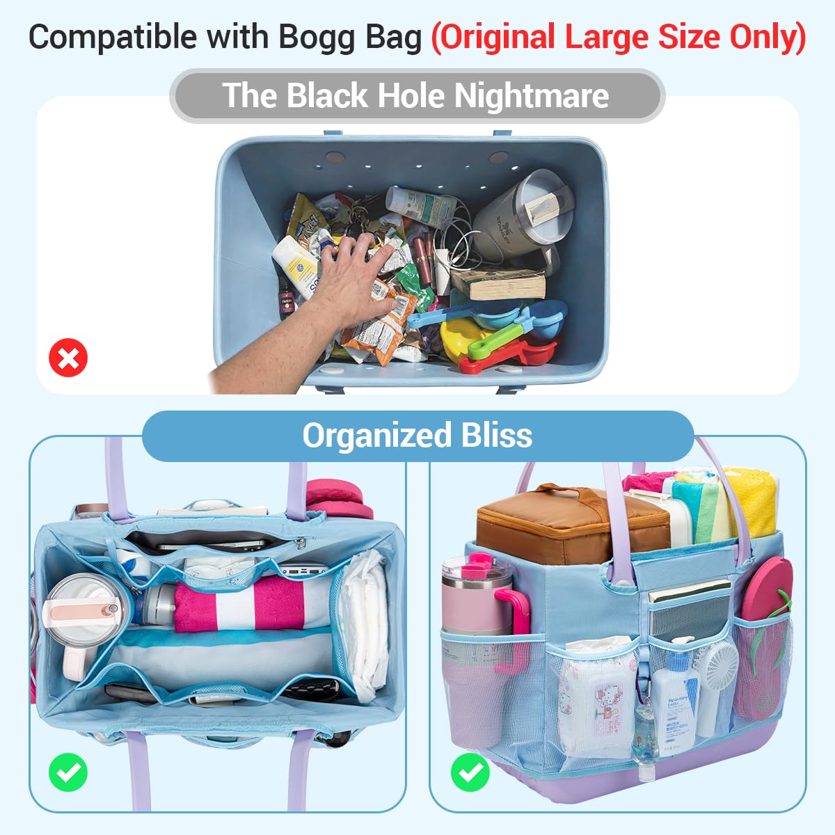 Nyton Organizer Bag Compatible with Original Large Bogg Bag Cover Divider Insert Beach Bag Liner for XL Bogg Bag Storage Separator Compartment with Mesh Pocket Sport Mom