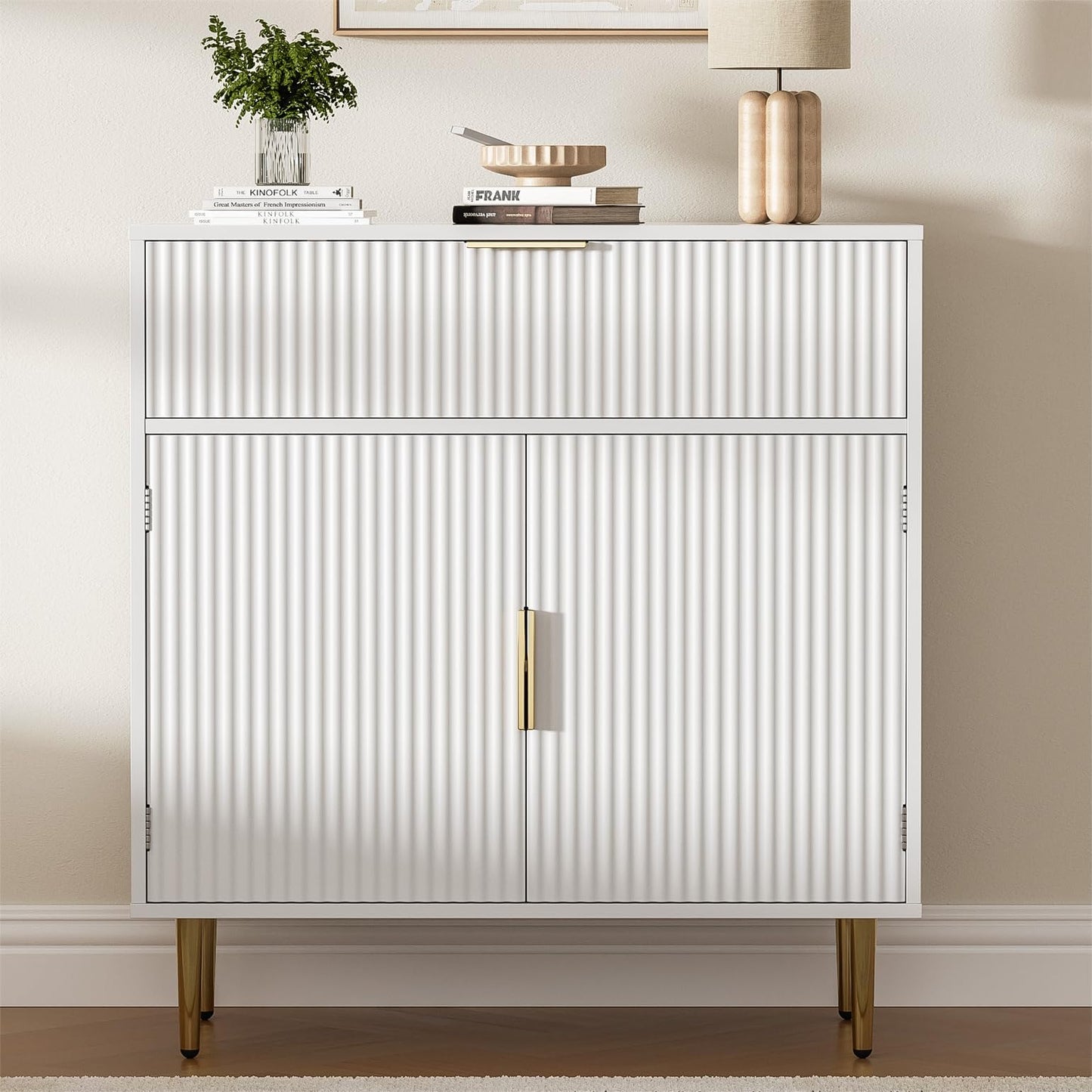 Housoul Coffee Bar Cabinet with 2 Doors & Drawer, Sideboard Buffet with Adjustable Shelves, Accent Liquor Cabinet with Storage, Console Table for Living Dining Room, White