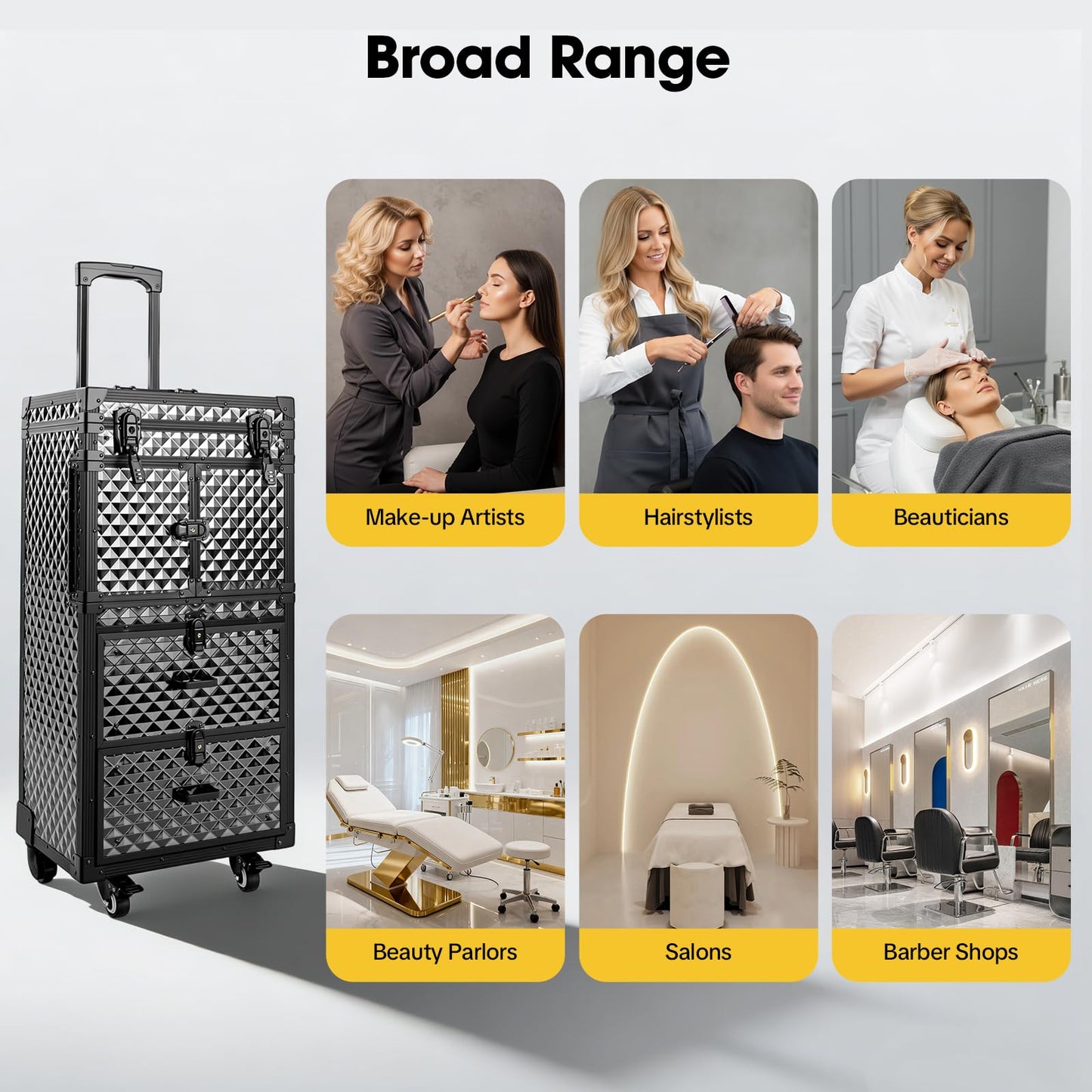 Beauty Rolling Makeup Train Case, Professional Lockable Rolling Salon Luggage, 15.35x10.4x32.28in Hairdressing Cart Storage Organizer Trolley Cosmetic Case, 4 Universal Wheels, Retractable Tray