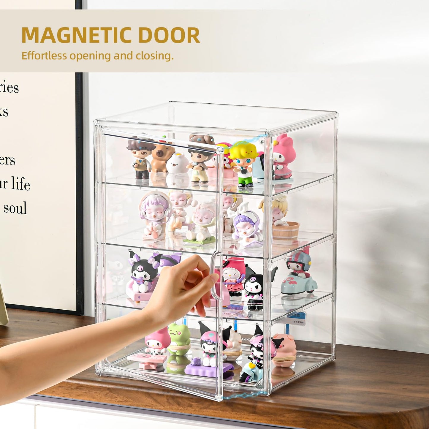 4 Tier Display Case for Collectibles,Clear Display Box with 3 Movable Plates ,Storage Container with Magnetic Door