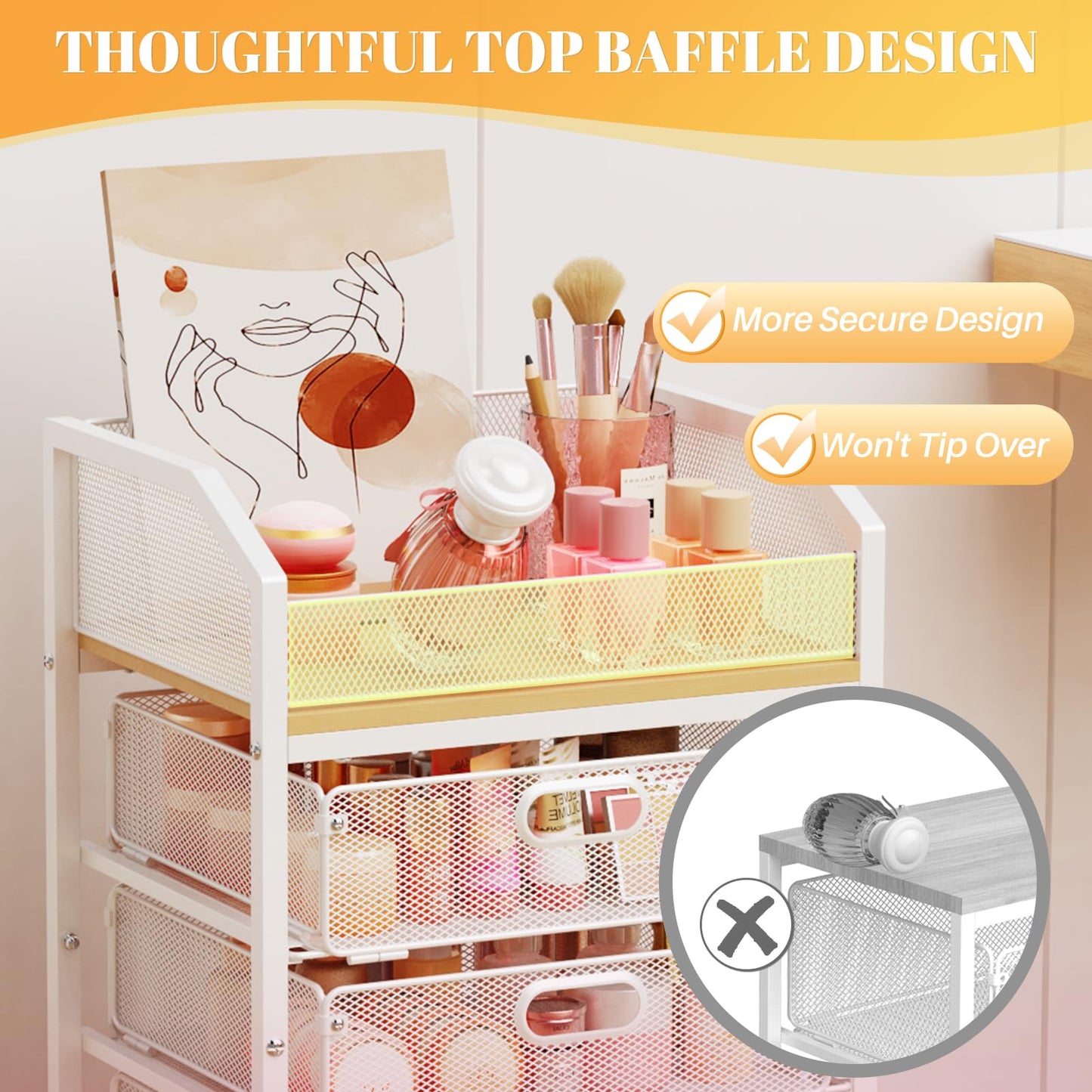 SUNALLY Makeup Organizer Cart with 4 Drawers, Rolling Makeup Storage Cart Metal Skincare Organizers, Large Vanity Storage Organizer Cosmetics Display Cases for Skin Care Perfume Nail Polish, White
