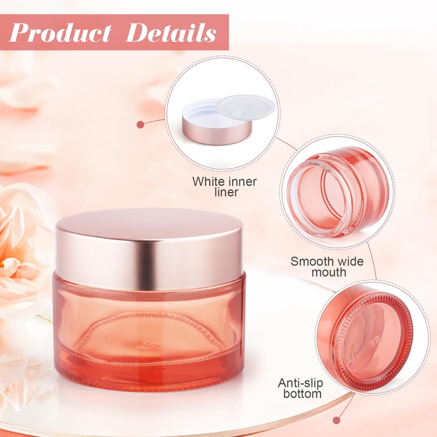 BOSMIOW 8pcs 50g/1.7oz Rose Gold Glass Cream Jars Round Lotion Bottle Refillable Empty Cosmetic Container Pot for Eye Creams,Body Scrub,Facial Mask,Ointments