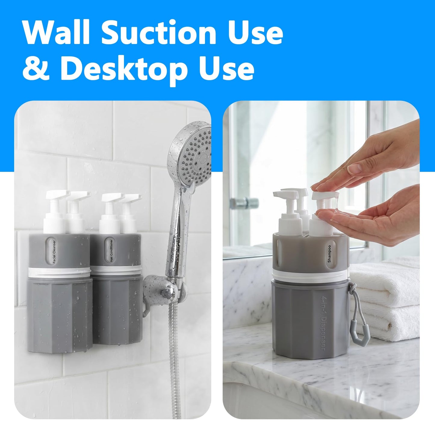 Kkluno 4 in 1 Travel Dispenser Bottles, TSA Approved Leak Proof Refillable Toiletry Containers with Vacuum Suction Cup for Smooth Walls, Portable Empty Bottle Set for Shampoo Conditioner Body Wash