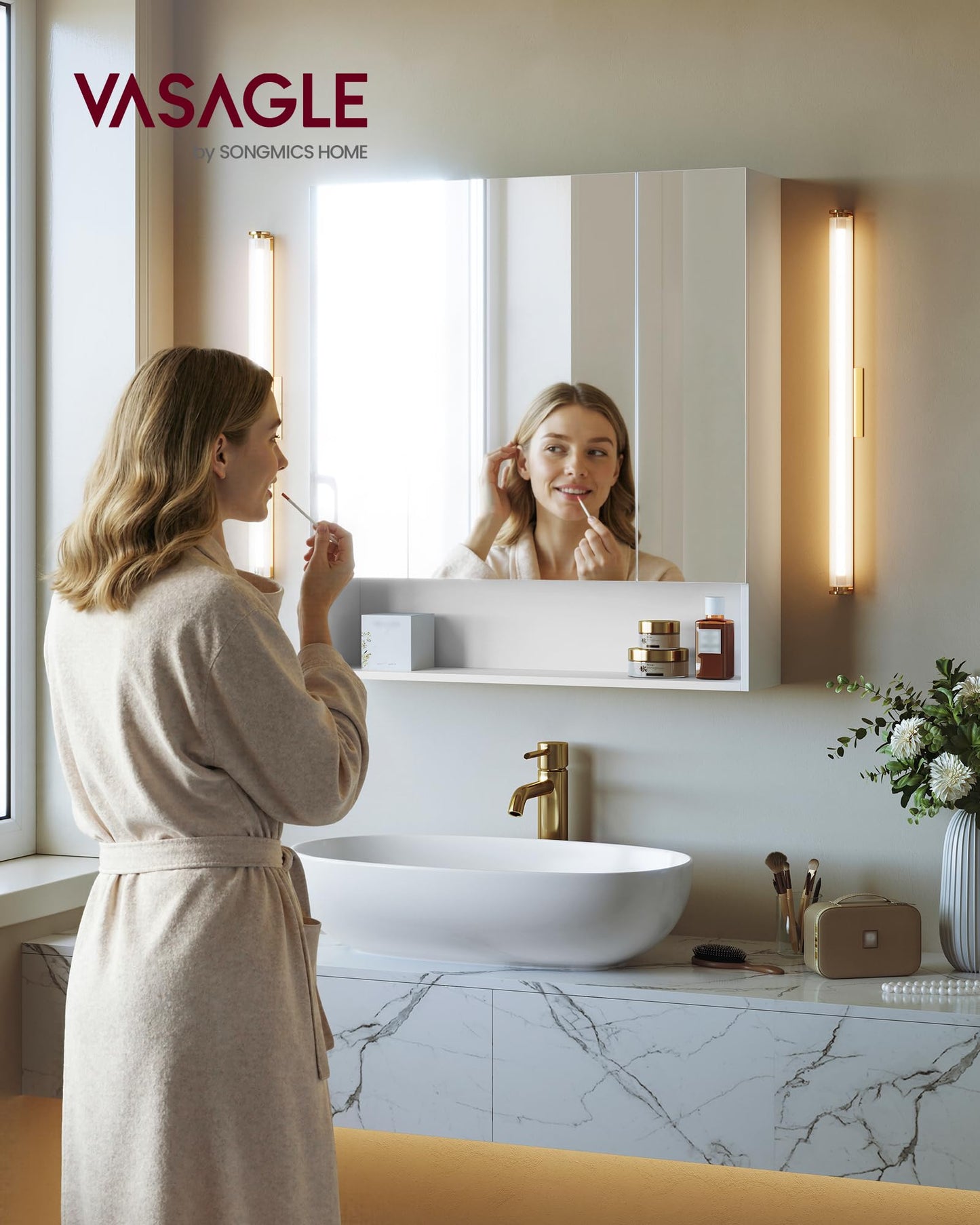 VASAGLE KAILYN Collection - Medicine Cabinet Mirror, Bathroom Wall Mirror Cabinet with Storage, Open Compartment, Adjustable Shelves, 6.5 x 27.6 x 29.5 Inches, Cloud White UBBK129W01