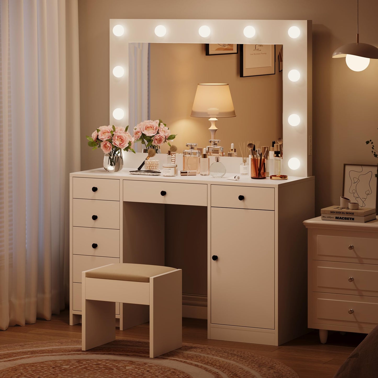 Garvee Makeup Vanity w/Lights Mirror, Desk & Table w/Charger, 7 Drawers, 1 Cabinet, 3 Color Lighting Modes, Wooden Dressing Table for Bedroom, White