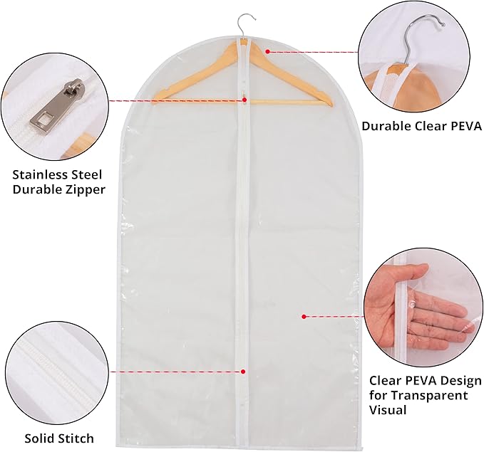 Clear Garment Bag Long Garment Bags for Gowns, Vinyl Dress Bags for Closet Storage, Coat Covers for Closet With Zipper Plastic Garment Bags for Hanging Clothes Long Dress - 24'' X 48''/12 Pack