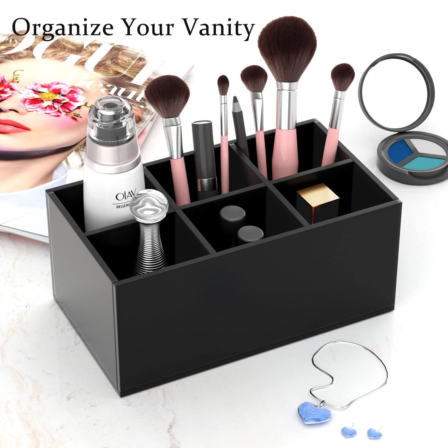 HIIMIEI Black Makeup Brush Holder Organizer Acrylic 6-Slots Cosmetic Brushes Storage Organizer for Vanity Countertop