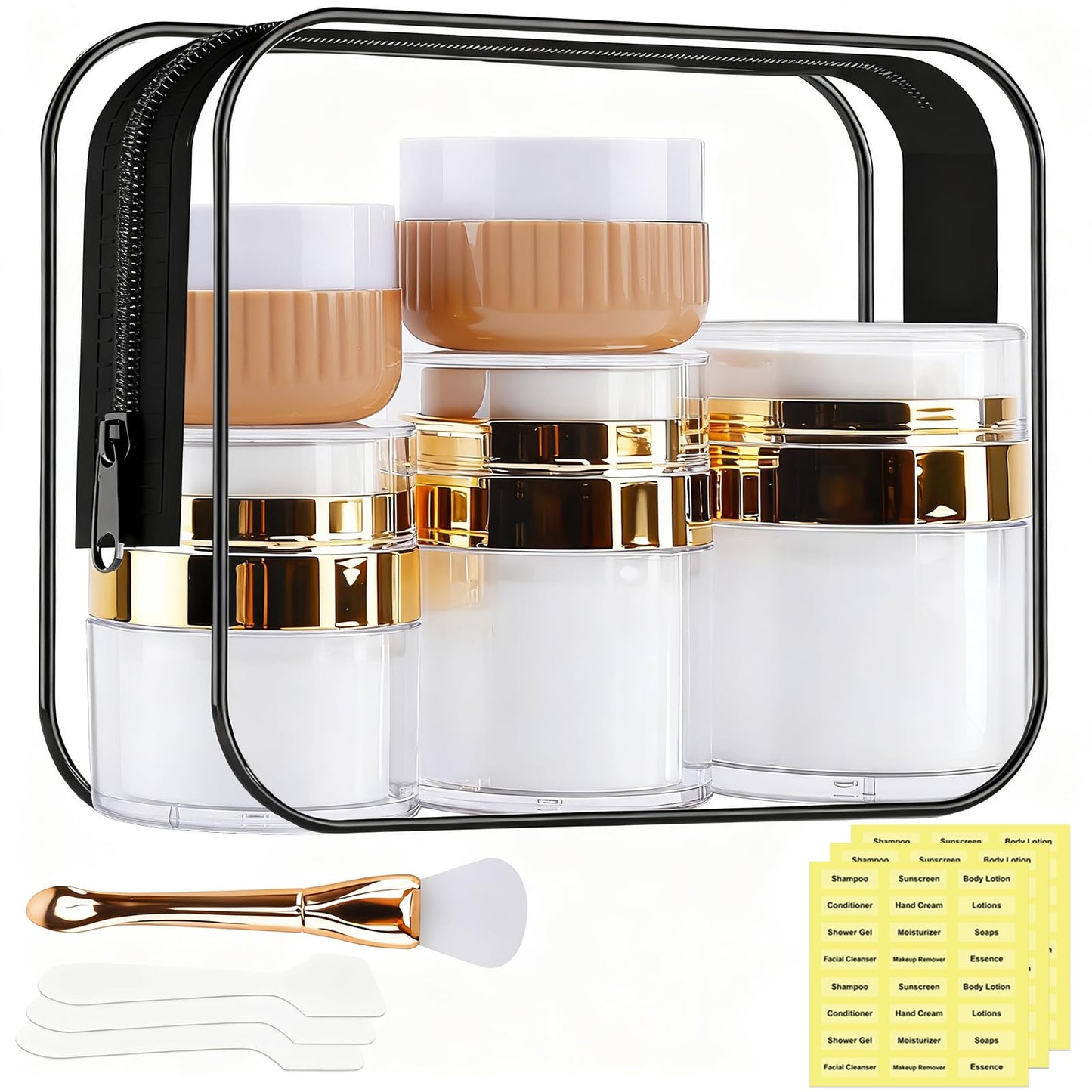 KOUWICH 1.7/1/0.5oz Refillable Cosmetic Moisturizer Airless Pump Jar 3 Pack Bottles Travel TSA Size for Cream, Gels and Lotion with 2 Silicone Cream Jars BPA-Free