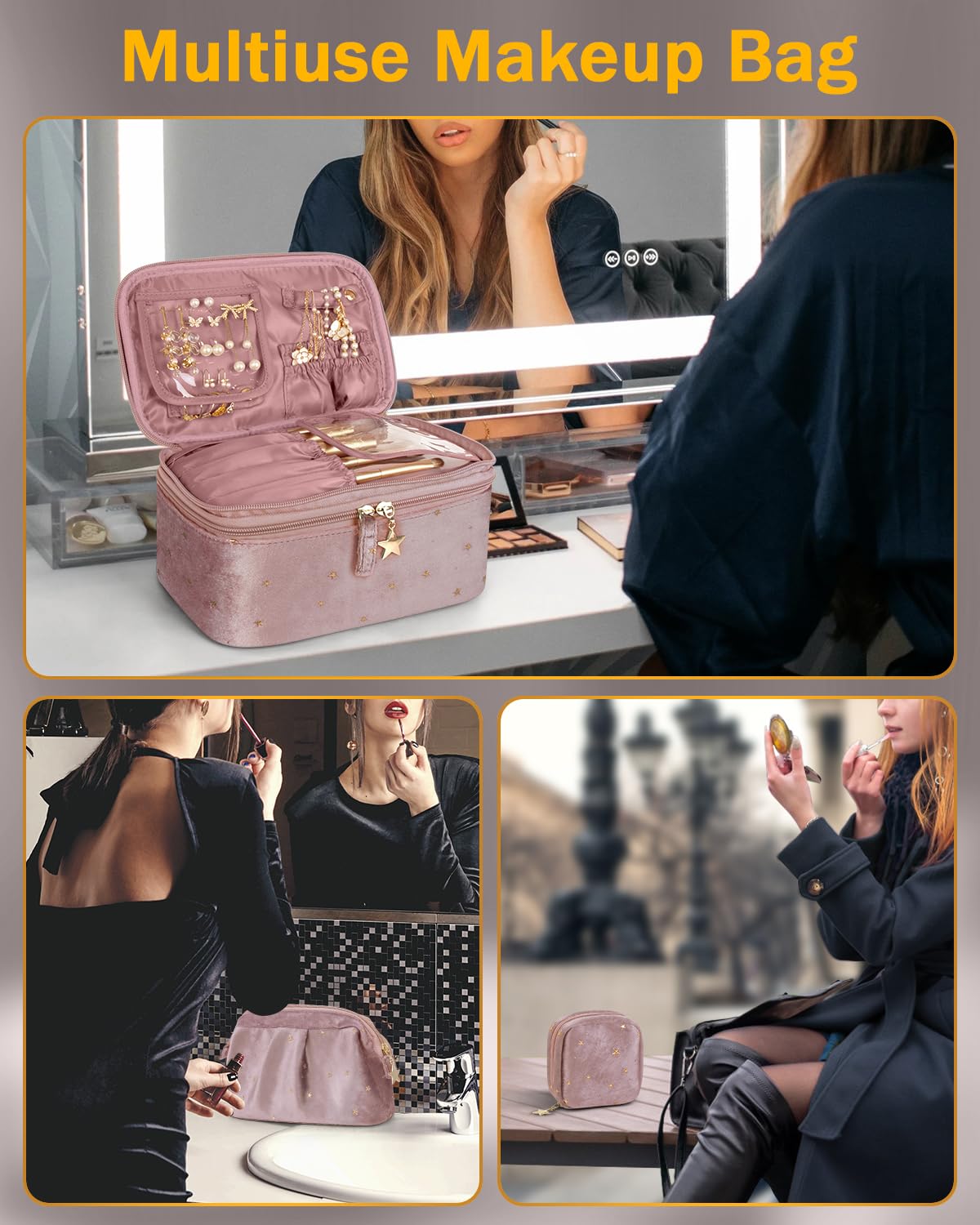 Wedama Makeup Bag Gift for Women, Double-layer Cosmetic Bag with Jewelry Storage and Brush Holder 3 Pcs Velvet Makeup Organizer Bag Gift Set Travel Toiletry Bag for Women Girls, Pink