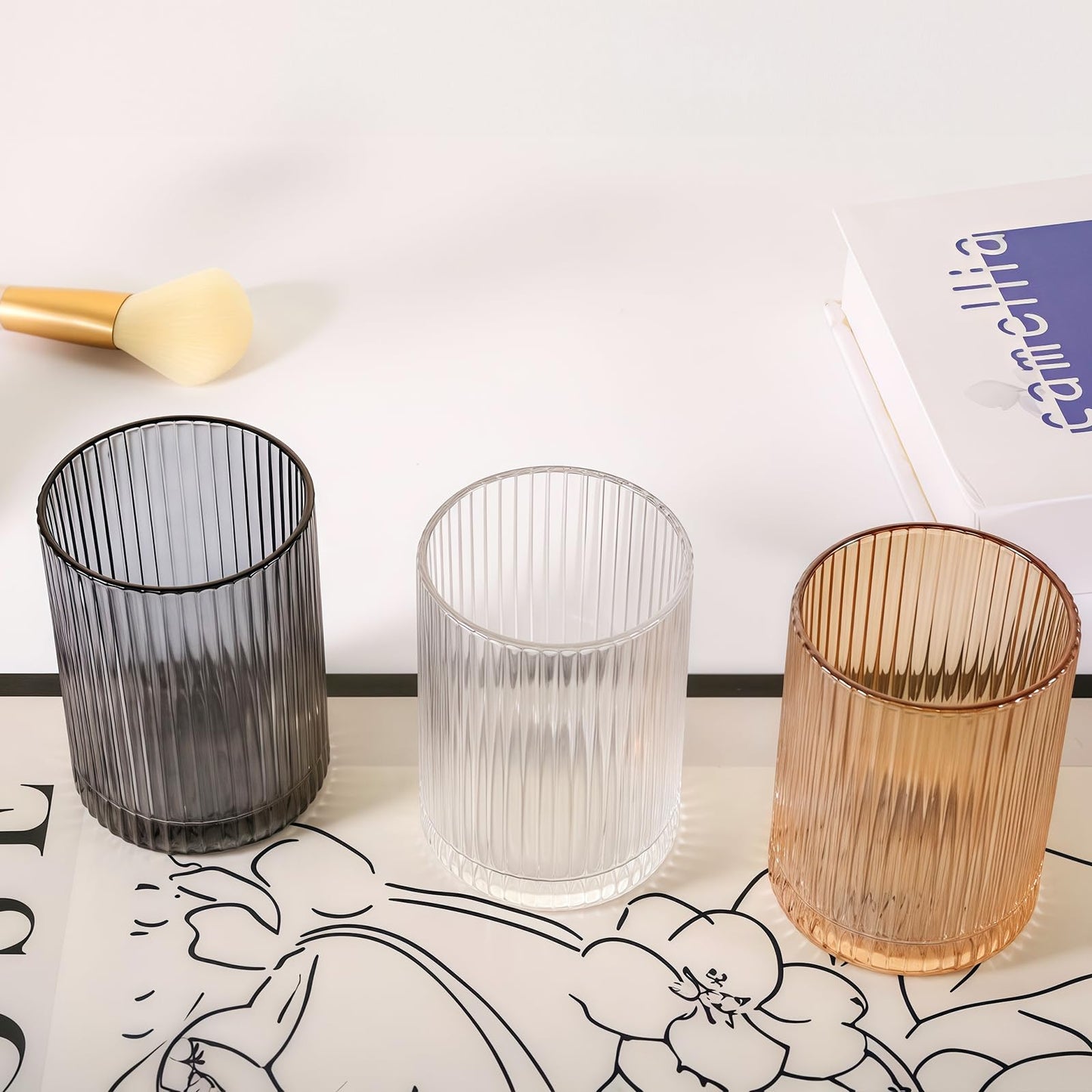DASITON Makeup Brush Holder Organizer, Crystal Cosmetic Makeup Brushes Storage Holder, Glass Make Up Brush Holder, Vintage Striped Make Up Cup Desk Pen Pencil Holder, Toothbrush Holders (Gray S)