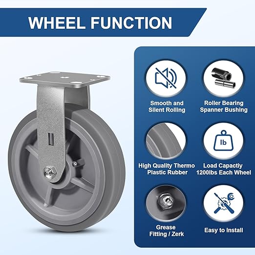8 Inch Rubber Wheels (Flat Tread)- Heavy Duty Casters, Industrial Caster Wheels- with up to 1200 LB Capacity- Use for Dollies, Utility and Maintenance Carts(2 Rigid)