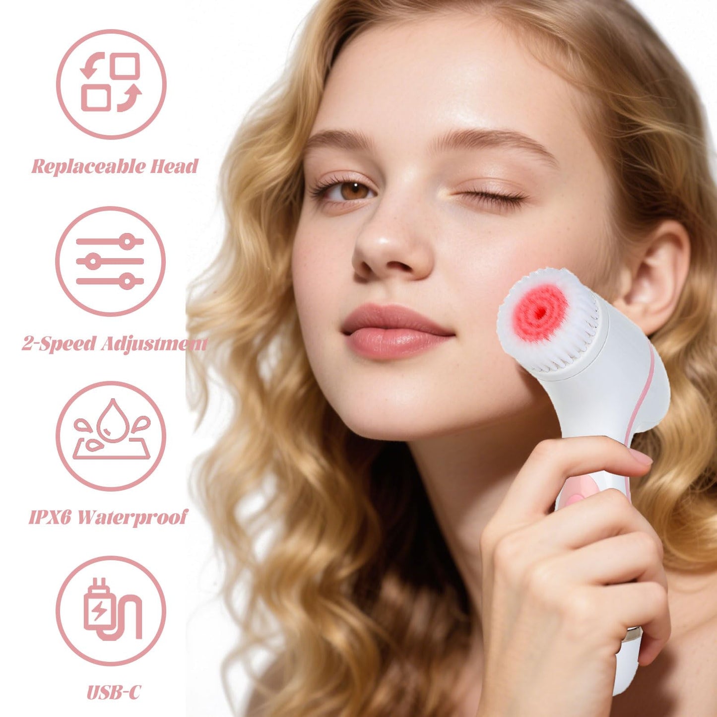 Facial Cleansing Brush, 3in1 Silicone Face Scrubber, Waterproof Facial Scrubber for Deep Cleansing, Rechargeable Face Exfoliation Brush with 2 Adjustable Speeds, Face Spin Brush for Women Men (Pink)