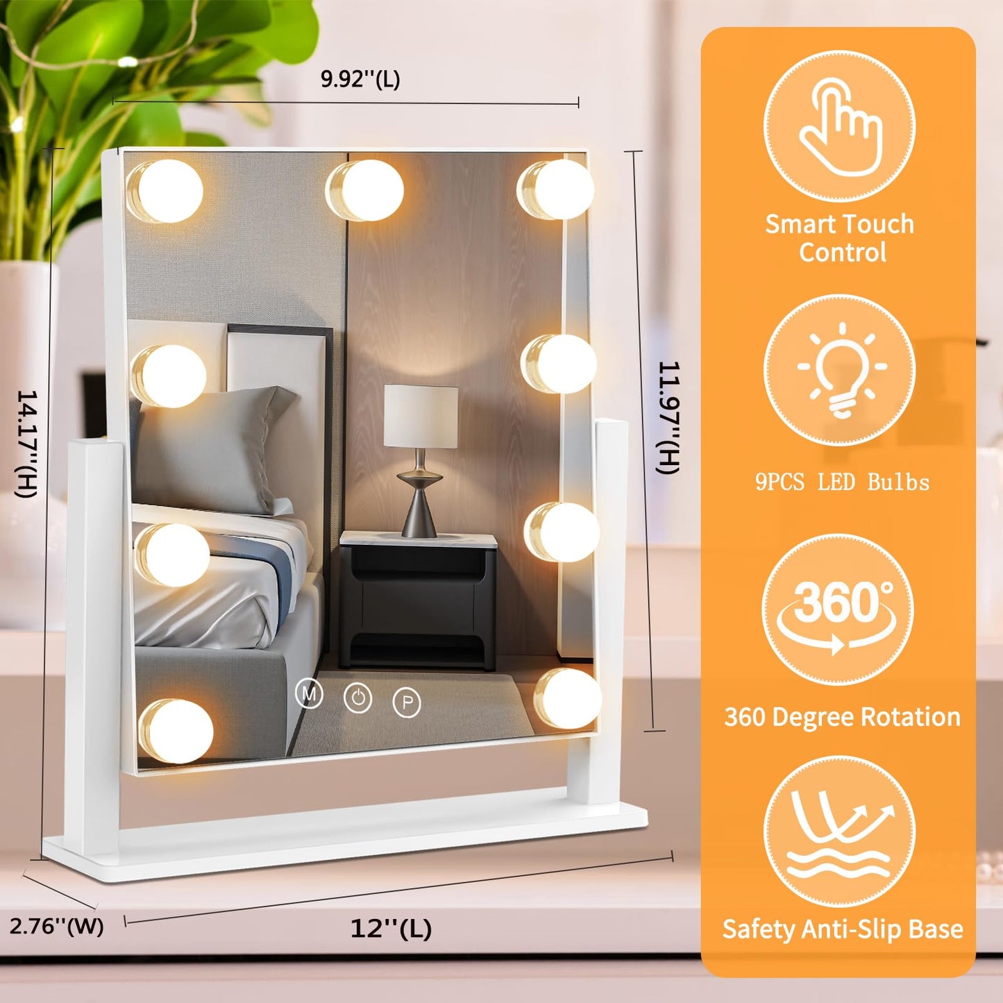 Dirket Vanity Mirror with Lights, Hollywood Lighted Makeup Mirror with 3 Color Lighting Modes and 9 Dimmable Bulbs, Detachable 5X Magnification, Smart Touch Control, 360°Rotation, White