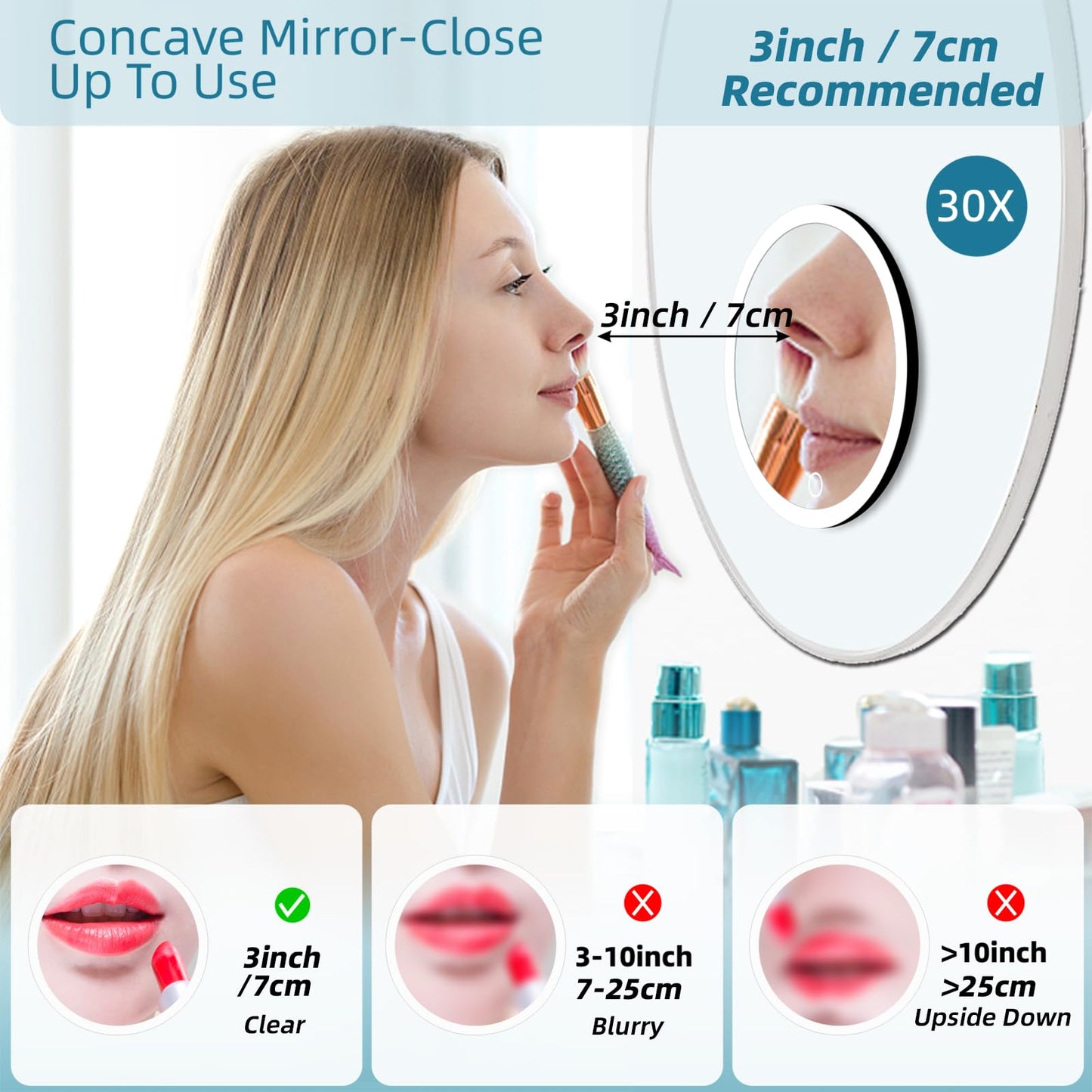 30x Magnifying Mirror with Light, 6inch Lighted 30x Magnified Mirror with 3 Suction Cups, Travel Magnifying Mirror 30x with light, High Magnification Makeup Mirror with Tweezers & Scissors Sets