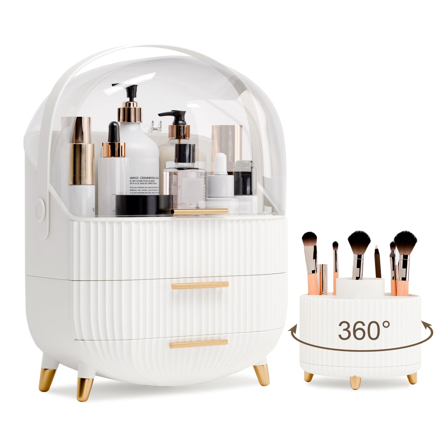 lurcns Makeup Organizers and Storage Make up Organizer for Vanity Cosmetics Skincare With Lid and Drawers Display Cases for Countertop Bathroom Women Teenager Girl Gifts(White+Brush Holder)
