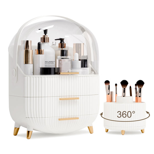 lurcns Makeup Organizers and Storage Make up Organizer for Vanity Cosmetics Skincare With Lid and Drawers Display Cases for Countertop Bathroom Women Teenager Girl Gifts(White+Brush Holder)