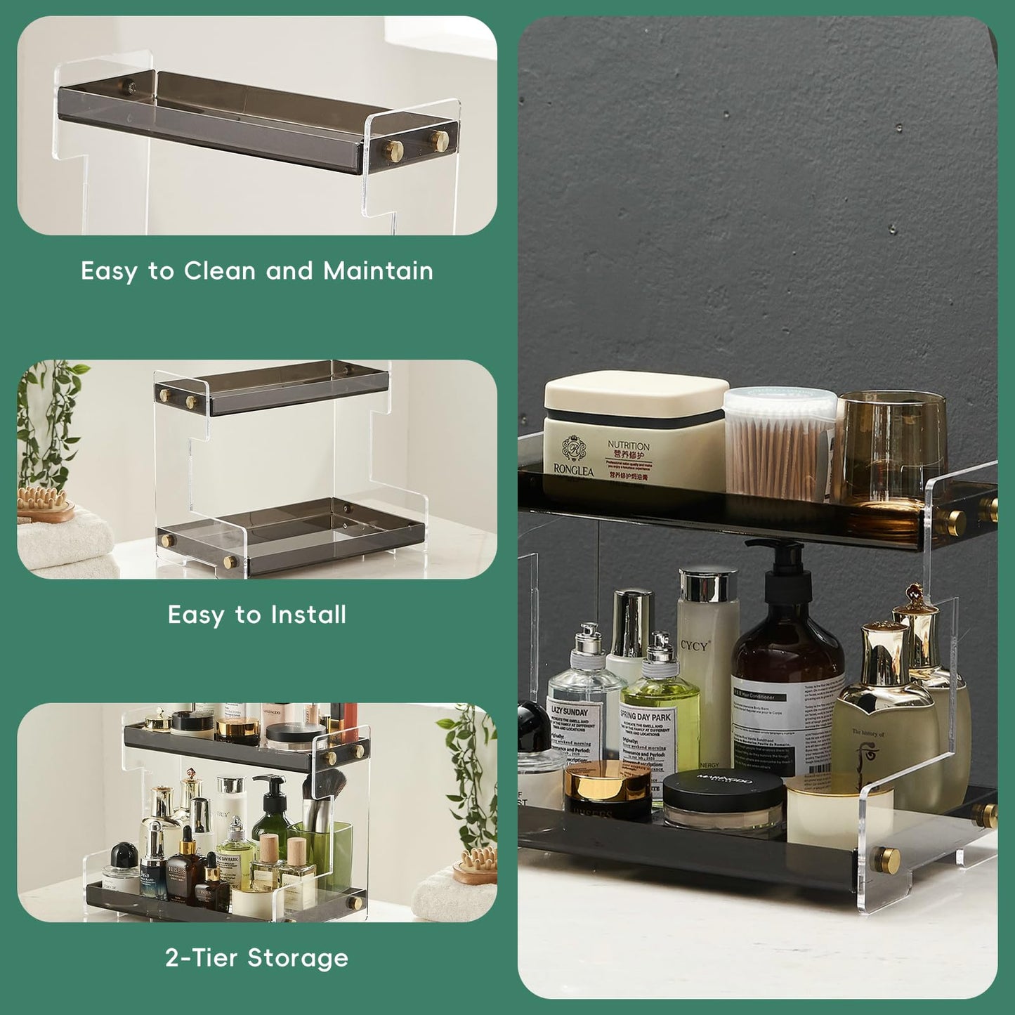 SHUNLI Acrylic Bathroom Countertop Organizer, 2 Tier Counter Organizer Storage Shelf, Bathroom Organizer Cosmetic Holder (Black&Clear)