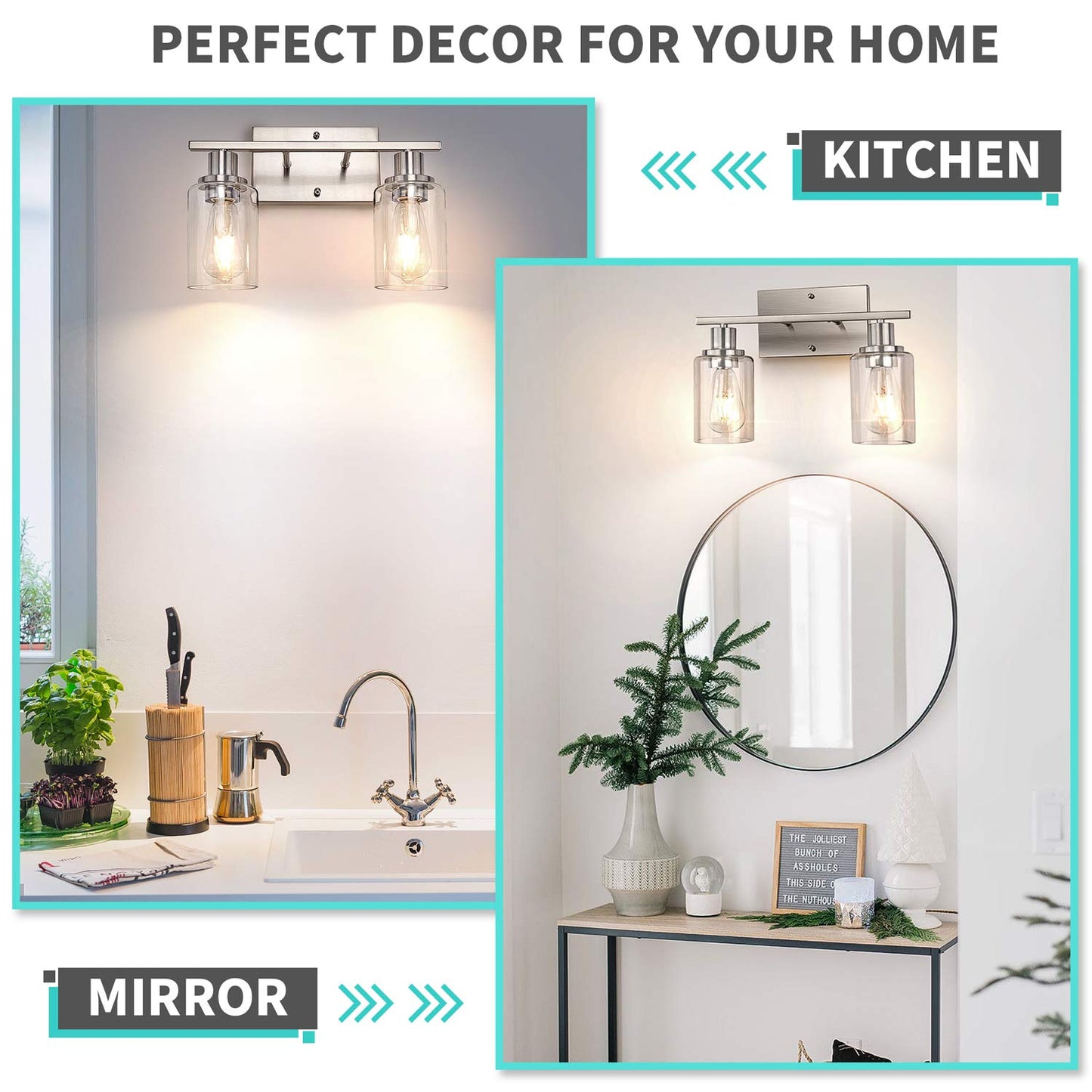 ShineTech 2-Light Bathroom Vanity Light Fixture, Brushed Nickel Bathroom Light Fixtures Over Mirror, Modern Wall Mounted Bathroom Lighting with Clear Glass Shade for Bathroom, Bedroom, Hallway